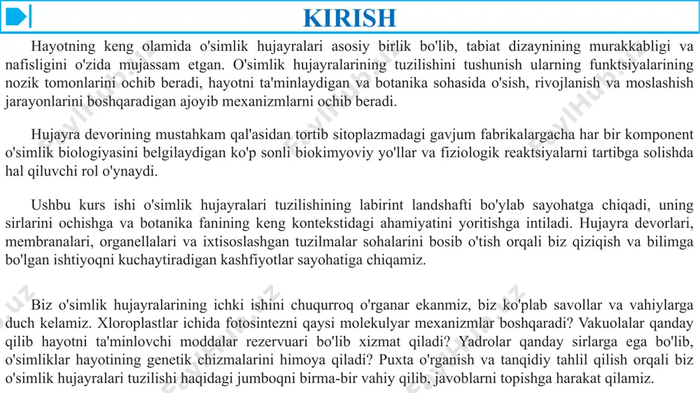 markaziy vakuolalar va hujayralararo aloqa uchun plazmodesma kabi maxsus tuzilmalarga ega bo'lishi mumkin. o'simlik hujayralarining tuzilishi va faoliyatidagi ahamiyati o'simlik hujayralari o'simliklarning tuzilishi va funktsiyalarida hal qiluvchi rol o'ynaydi va turli fiziologik jarayonlar uchun mas'ul bo'lgan asosiy birlik bo'lib xizmat qiladi. ularning ahamiyati, jumladan, miqdoriy ko'rsatkichlari va kimyoviy tarkibi haqida batafsil ma'lumot: 1. tuzilmaviy qo‘llab-quvvatlash: asosan tsellyulozadan tashkil topgan qattiq hujayra devori o‘simlik hujayralari va to‘qimalariga tizimli yordam beradi. tsellyuloza, b-1,4 glikozid bog'lari bilan bog'langan glyukoza birliklaridan tashkil topgan polisaxarid hujayra devorining mexanik mustahkamligiga hissa qo'shadi. hujayra devori qalinligi va tarkibining miqdoriy ko'rsatkichlari, masalan, tsellyuloza miqdori va zichligini o'lchash, o'simlik hujayralarining strukturaviy yaxlitligi haqida tushuncha beradi. 2. himoya: hujayra devori qo‘llab-quvvatlashdan tashqari, o‘simlik hujayralarini mexanik shikastlanishlar va atrof-muhit ta’siridan himoya qiluvchi to‘siq vazifasini ham bajaradi. lignin, fenilpropanoid birliklaridan hosil bo'lgan murakkab polimer, ma'lum hujayra devorlarining qattiqligi va o'tkazmasligiga yordam beradi, ularning himoya funktsiyasini oshiradi. lignin tarkibi va tarqalishini miqdoriy baholash …