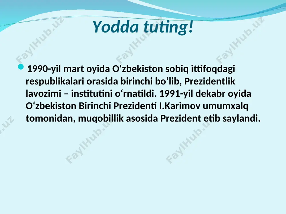 rolli kuchlarning oliy qo‘mondonlarini tayinlash, vazifasidagi ozod qilishi ham uni maqomini xarakterlovchi omillardandir. prezident maqomi deganda – unga yuklatilgan vazifalar, ularni bajarish uchun zarur vakolatlar va shu vakolatlarni amalga oshirishini ta'minlovchi huquqlar, hamda prezident mas'uliyati, uning faoliyatini kafolatlari yig‘indisi asosidagi prezidentlik huquqiy holati tushiniladi. o‘zbekistonda ham prezidentni saylovchilar – ya'ni xalq umumiy, to‘g‘ri, teng saylov huquqi asosida yashirin ovoz berish yo‘li bilan saylaydi. o‘zbekiston konstitussiyasining 90-moddasiga asosan: o‘zbekiston respublikasi prezidenti lavozimiga o‘ttiz besh yoshdan kichik bo‘lmagan, davlat tilini yaxshi biladigan, bevosita saylovgacha kamida 10 yil o‘zbekiston hududida muhim yashayotgan o‘zbekiston respublikasi fuqarosi saylanishi mumkin. ayni bir shaxs surunkasiga ikki muddatdan ortiq o‘zbekiston respublikasining prezidenti bo‘lishi mumkin emas. yodda tuting! o‘zbekiston respublikasining prezidenti o‘zbekiston respublikasining fuqarolari tomonidan umumiy, teng va to‘g‘ridan-to‘g‘ri saylov huquqi asosida yashirin ovoz berish yo‘li bilan besh yil muddatga saylanadi to‘g‘ri saylov orqali prezident xalq tomonidan saylanganda u xalqdan vakolat oladi, boshqa xech qanday tuzilma oldida mas'ul bo‘lmaydi. …