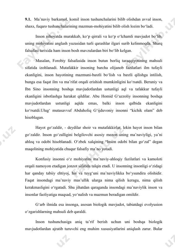 ldir. g‘arb ilmida esa insonga, asosan biologik mavjudot, tabiatdagi evolyusion о‘zgarishlarning mahsuli deb qaraldi. inson tushunchasiga aniq ta’rif berish uchun uni boshqa biologik mavjudotlardan ajratib turuvchi eng muhim xususiyatlarini aniqlash zarur. bular qatoriga quyidagilar kiradi. inson eng avvalo boshqa mavjudotlardan о‘zining xotirasi, tafakkuri, tili borligi bilan ajralib turadi. boshqa mavjudotlardan insonning tub sifatiy farqini ifodalovchi xususiyatlardan yana biri uning о‘z amaliy faoliyatini tartibga sola bilishidir. shuningdek, inson о‘z turmushi uchun zarur bо‘lgan moddiy va ma’naviy boyliklarni ishlab chiqarish, yaratish malakasiga ega ekanligi ham ana shunday xususiyatlardan biri hisoblanadi. inson hayotida mehnat asosiy rol о‘ynaydi. mehnat tufayli inson о‘zi yashayotgan tabiatga ta’sir etadi, uni о‘zgartiradi, moddiy va ma’naviy boyliklarni yaratadi. amerikalik olim b.franklin “inson mehnat qurollarini yaratuvchi jonzotdir”, deb ta’riflagan. oilaviy munosabatlar va ma’naviy-ahloqiy meyorlar insonni hayvondan farq qiluvchi eng muhim xususiyati sanaladi. inson о‘z aqli tufayli butun koinot, tabiat taraqqiyotida buyuk yaratuvchi kuch sifatida namoyon bо‘ladi, о‘z tarixini yaratadi, uni …