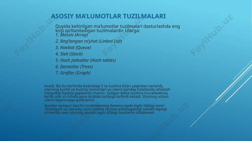 ikkilik tilga o‘tkazish "kompilyatsiya" deb nomlanadi. c tilidan pythongacha bo‘lgan har bir dasturlash tili o‘ziga xos xususiyatlarga ega, lekin ko‘pincha dasturlash tillari o‘rtasida umumiylik mavjud. bu dsturlash tillari kompyuterlarga katta va murakkab maʼlumotlarni tez va samarali qayta ishlash imkonini beradi. misol uchun, agar odamga birdan o‘n minggacha bo‘lgan tasodifiy raqamlar ro‘yxati berilsa va ularni o‘sish tartibida joylashtirish so‘ralsa, bu juda katta vaqtni oladi va ba'zi xatolarni keltirib chiqaradi. komputer esa xatosiz hisoblab berish imkonini beradi. ushbu kitobda biz c++ dasturlash tili asoslarini o‘rganamiz. quyida c++ dasturlash tili haqida qisqacha ma’lumot keltirilgan. algoritmni yozib olish dastur, funksiya yoki protsedura prototipini yaratishni qanday boshlash kerak? buning uchun quyidagi umumiy tavsiyalardan foydalanish kifoya: 1.har bir algoritmning oʻz nomi boʻlishi kerak, bu uning maʼnosini tushuntiradi. 2. boshi va oxirining mavjudligiga e'tibor bering. 3. kirish va chiqish ma'lumotlari tavsiflanishi kerak. 4. muayyan ma'lumotlarda muayyan amallarni bajaradigan buyruqlarni belgilang. 1. rasmiy og'zaki. bu tavsifning asosan formulalar …