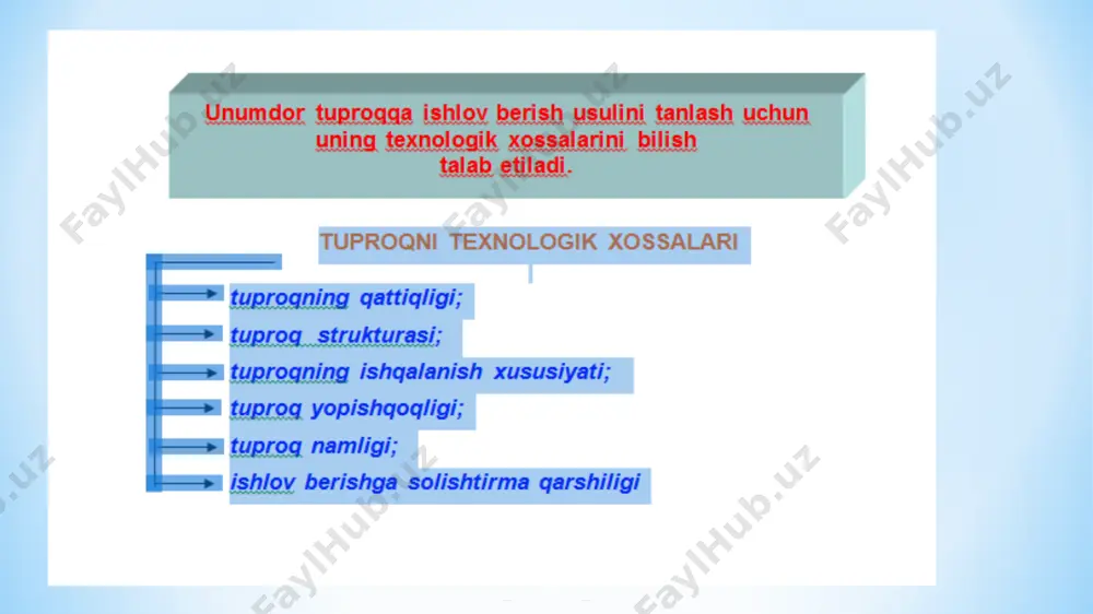 ekis yumshatilgan qatlam hosil qilish hamda mayda notekisliklar va begona o’tlarni yo’qotishdan iborat. tuproqni urug’ ekish chuqurligiga teng bo’lgan yuzasida bir tekis zichlangan qatlam hosil qilish hisobiga tuproqning ostki qatlamidagi namlikni yuqoriga ko’tarilishi ta’minlashdan iborat tuproqning yuqori qatlamini 12-16 sm chuqurlikda yumshatish, begona o’t-larning ildizlari-ni qirqish va dala yuzasini tekislashdan iborat maydon yuzasini tekislash hisobiga sug’orish ishlarini yuqori saviyada amalga oshirish natijasida ekinlardan yuqori hosil olishni ta’minlashdan iborat 2. tirmalash mashinalarining turlari bdn-3 diskli tirma bdt-3 kesilgan diskli tirma tishli tirma to’rsimon tirma shleyfli tirma tirma tishlarining turlari a)-kvadrat; b)-romb; v)-maxsus; g)-ellips; d)-aylana; ye)-elaksimon tirma tishi; j)-pichoqsimon; z)-prujinasimon; i)-sferik diskli; k)-kesilgan diskli diskli tirmaning umumiy ko’rinishi tdb-5 rusumli diskli tirma tuprokka yoppasiga ishlov berish mashinalarining turlari chku-4a chizel kultivatori ksm-5 bog kultuvatori kpk-4 kombinatsiyalashgan kultivator frezalash- tuproqning fizik xossalariga, o’simliklarning havo va ozuqa rejimiga ijobiy ta’sir ko’rsatib, tuproq qatlamlarini aralashtirish ishlov berilgan gorizontning biologik aktivligini oshiradi va o’simliklarni hosildorligini ko’paytiradi. …