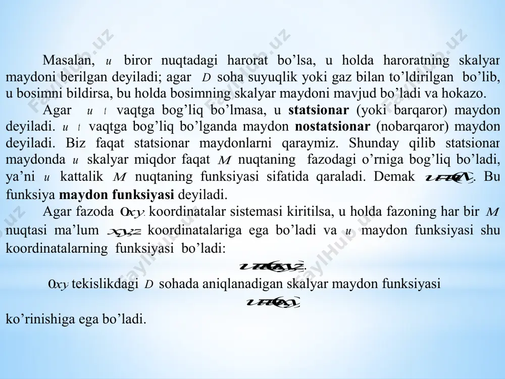 m m z u y u x u xususiy hosilalarning va yo’naltiruvchi kosinuslarning topilgan qiymatlarini ( 2) formulaga qo’yib yo’nalish bo’yicha hosilani topamiz: .14 7 6 14 12 14 2 2 14 2 2 14 2 2     u 5.skalyar maydon gradiyenti skalyar maydonning differensiallanuvchi funksiyasi ),,(zyxuu aniqlangan d sohaning har bir nuqtasiga koordinata o’qlardagi proyeksiyalari z u y u x u       ,, xususiy hosilalarning tegishli nuqtadagi qiymatlariga teng bo’lgan k z u j y u i x u gradu          vektorni mos qo’yamiz. bu vektor skalyar maydonning qaralayotgan nuqtadagi gradienti deb ataladi. bu holda d sohada gradientlarning vektor maydoni aniqlangan deyiladi. agar kji  coscoscos 0    vektor   yo’nalishdagi birlik vektor bo’lsa, u holda gradientning ta’rifidan foydalanib   yo’nalish bo’yicha hosilani ifodalovchi ( 2) formulani 0  …