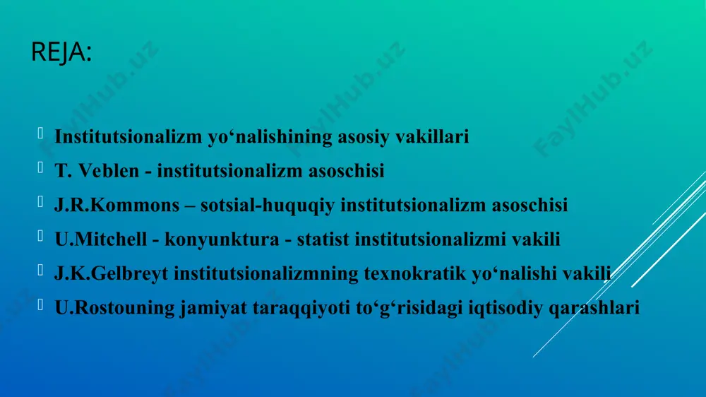 ilgari ilg‘or bo‘lgan davlatlar 2-o‘rinlarga (angliya, fransiya), nisbatan qoloq bo‘lgan davlatlar esa 1-o‘rinlarga chiqib olishdi (aqsh, germaniya). xuddi shu davrda etakchi mamlakatlarda erkin raqobatga asoslangan iqtisodiyotdan ko‘pincha monopolistik (mono-bir) iqtisodiyotga o‘tish kuchaydi. monopoliya kuchayishi monopol foyda olishga imkon yaratdi va iqtisodiy rivojlanishga salbiy ta’sir qila boshladi. shu sababli antimonopol choralar qo‘llash g‘oyasi ilgari surildi, bu birinchi aqshda ro‘y berdi. keyinchalik (va hozirda) barcha davlatlar bunday chorani qo‘llaydilar. bu ta’limot yo‘nalishi vakillarining fikricha, institutlar jamiyat rivojlanishining xarakatlantiruvchi kuchi bo‘lib xizmat qiladilar. bu tushuncha tagida ijtimoiy xodisalar, masalan, oila, davlat, monopoliya, kasaba uyushmalari va boshqa muassasalar yotadi, ya’ni jamoat ruhining namoyon bo‘lishi, yurish-turish va o‘ylash usulini xalqning ma’lum guruhlari uchun odatiy, an’anaviy, shuningdek huquqiy, ahloqiy va boshqa ko‘rinishlarini o‘z ichiga oladi. bu yo‘nalish mafkurachilarining fikricha, iqtisodiy kategoriyalar bo‘lgan xususiy mulk, soliq, pul, kredit, foyda, savdo va boshqalar jamiyat ruhining paydo bo‘lishi shaklidir. demak, ular ob’ektiv iqtisodiy qonunlaning mavjudligini to‘la tan olmaydilar va …