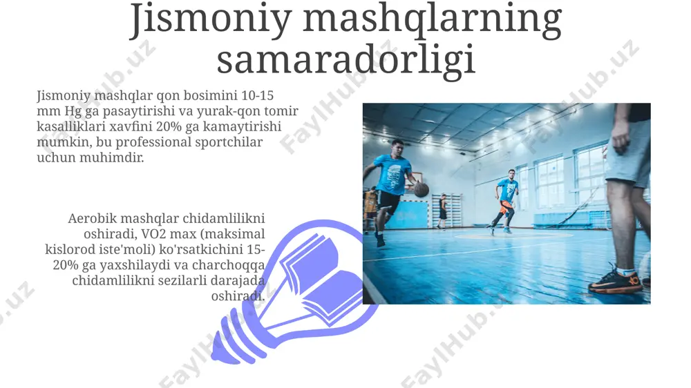 mashqlar jismoniy mashqlarning muntazam bajarilishi, mushaklarning kuchini va moslashuvchanligini 15-20% ga oshirib, kasbiy jarohatlardan himoya qilishga yordam beradi. sportning turli turlari bilan shug'ullanish, masalan, 30 daqiqalik yugurish yoki 45 daqiqalik suzish, stress darajasini pasaytirib, diqqatni jamlash qobiliyatini yaxshilaydi. sportning turli turlari va ularning foydalari 01 02 suzish kabi aerobik mashqlar yurak-qon tomir tizimining ishlashini 20% ga yaxshilaydi va yomon xolesterin miqdorini kamaytiradi, umumiy sog'liqni mustahkamlaydi. sales 1st qtr 2nd qtr 100 0 sales 1st qtr 2nd qtr 100 0 e'tiboringiz uchun rahmat @taqdimot_robot image4.jpg image5.jpg image6.jpg image7.jpg image8.jpg image9.jpg image10.jpg image11.jpg image12.jpg image13.jpg image14.jpg image15.jpg image1.jpeg image2.jpeg image3.jpeg