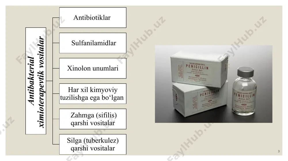 biosentetik penitsillinlar) 1. parenteral yo‘l orqali kiritiluvchi (oshqozonning kislo-talik muhitida parchalanib ketadi) a) qisqa ta'sir etuvchilar − benzilpenitsillinning natriyli tuzi − benzilpenitsillinning kaliyli tazi b) davomli ta'sir etuvchilar − benzilpenitsillinning novokainli tuzi − bitsillin-1 − bitsillin-5 2. enteral yo‘l bilan kiritiluvchi (kislotaga chidamli) − fenoksimentilpenitsillin 13 ii. yarim sintetik penitsillinlar 1. parenteral va enteral yo‘l bilan kiritiladigan vositalar (kislotaga chidamli) a) penitsillinaza ta'siriga chidamlilar − oksatsillinning natriyli tuzi − nafsillin b) keng ta'sir spektriga ega preparatlar − ampitsillin − amoksitsillin 2. parenteral yo‘llar bilan kiritiluvchilar (oshqozonning kislotalik muhitida parchalanib ketadi) a) keng ta'sir spektriga ega vositalar (ko‘k yiring tayoqchasiga ham chidamli) − karbenitsillinning dinatriyli tuzi − tikarsillin − azlotsillin 3. enteral yo‘l bilan kiritiluvchi (kislotaga chidamli) − karbenitsillin indanil natriy − karfetsillin 14 penitsilinlar bakteritsid ta'sir ko‘rsatadilar. ular faqat bo‘linayotgan hujayralarga ta'sir etadilar. transpeptidaza fermentini susaytirishi hisobiga pepid bog‘larning hosil bo‘lishiga to‘sqinlik qiladilar va natijada hujayra qobig‘i sintezining oxirgi bosqichlarini …