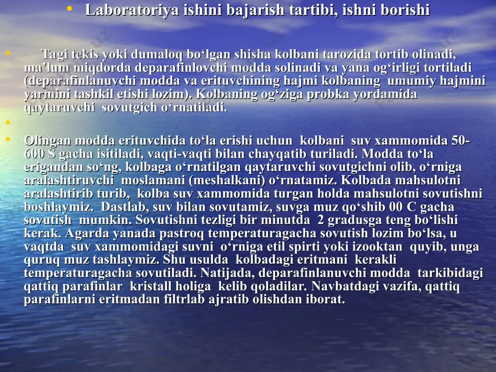 qligi, mm2 /sek/ sst 50 0 c da 100 0 c da qattiq parafin yog‘ning miqdori, % mass erish temperaturasi 0 c joriy nazorat savollari 1. neft maxsuloti fraksiyasini deparafinlash jarayonining asosiy moxiyati. 2. deparafinlash jarayonining qanday usullarini bilasiz? 3. deparafinlash jarayoniga qanday xom-ashyo beriladi? 4. deparafinlash jarayonida qanday erituvchilar ishlatiladi? 5. neft mahsulotlari past haroratda nima sababdan qotib qoladi? 6. neft fraksiyalaridan sifatli moylar olish uchun ularni tarkibida qanday uglevodorodlar miqdori kamaytiriladi? 7. neftning qoldiq uglevodorodlar tarkibiga qanday uglevodorodlar kiradilar? 8. qanday uglevodorodlar yoqilg‘ini setan sonini oshiradi? 9.neft maxsuloti adsorbentdan о‘tkazilsa, uning tarkibidagi qanday uglevodlar kamayadi? 10. sanoat tarkibida qaysi fraksiyasi deparafinlanadi? e’tiboringiz uchun rahmat!