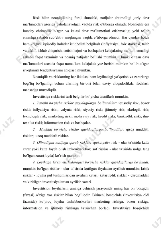 o’xtab qolishi; loyiha ishtirokchilari maqsadlarining noaniqligi, ularning moliyaviy holati va ishdagi obro’si haqidagi ma’lumotlarning to’liq emasligi va boshqalar. moliyaviy bozor eng yuqori riskga ega bo’lgan soha deb hisoblanadi. undagi risklar ikkita katta guruhga bo’linadi: - tizimli risklar; - tizimsiz risklar. tizimli risklar (investitsiya portfeli risklari) - bu xatar ta’siriga ba’zi bir qimmatli kog’ozlar emas, balki butun bozor, uni katta bir qismi risklarga uchraydi. bu holda iqtisodiy nobarqarorlik tufayli yoki boshqa sabablarga ko’ra ko’pchilik emitent va qimmatli qog’ozlar egalari zarar ko’rishlari mumkin. tizimli risklarga quyidagilar kiradi: foiz riski; valyuta riski; inflyatsiya riski; siyosiy risklar. tizimsiz risklar - xatarga ba’zi bir qimmatli qog’ozlar yoki ularni majmuasi uchraydi, ya’ni ma’lum bir korxonaning qimmatli qog’ozlari yoki tarmoqning qimmatli qog’ozlari kiradi. tizimsiz risklarga quyidagilar kiradi: tadbirkorlik riski; moliyaviy risklar; nolikvidlik riski. yuqorida keltirilgan tasniflashlarga asoslangan holda, loyiha faoliyatidagi risklarni quyidagi guruhini keltirish mumkin: 1) loyiha ishtirokchilari riski; 2) loyiha smeta qiymatining oshish riski; 3) qurilishni …