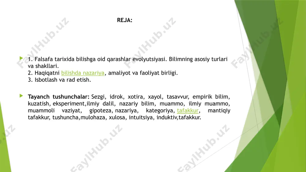 fodasidir. tom ma’nodagi epistemologiya hozirgi kunda ilmiy, haqiqiy bilimning mazmunini, shuningdek, diniy e’tiqodlarning gnoseologik mohiyatini o‘rganish bilan shug‘ullanadi. bunda esa bilish (ong)ning mohiyati to‘g‘risida bahs yurituvchi falsafiy ta’limot ma’nosidagi «gnoseologiya» atamasidan foydalaniladi. shu bilan biz avval gnoseologiya muammolari doirasini aniqlab olishga harakat qilamiz. gnoseologiya yoki bilish nazariyasi falsafiy bilimlar (falsafa fani) bo‘limi bo‘lib, unda: 1) insonning dunyoni bilish imkoniyati; 2) insonning o‘zlikni anglash jarayoni; 3) bilishning bilmaslikdan bilim sari yuksalishi; 4) bilimlar tabiati va ularning mazkur bilimlarda aks etuvchi narsalar bilan o‘zaro nisbati o‘rganiladi. shunday qilib, umuman olganda, gnoseologiya ong, bilish, bilimni o‘rganish bilan shug‘ullanadi. shaxsiy va ijtimoiy tajribada biz ongning mavjudligini aniq sezamiz,ongning o‘z- o‘ziga, boshqa odamlarga va umuman, jamiyatga ta’siri natijalarini fiziologik darajada his qilamiz va ko‘ramiz. biroq bu jarayonda ongning o‘zi ko‘rinmaydi. moddiy dunyo hodisalaridan farqli o‘laroq, ongni kuzatish mumkin emas. u go‘yo vaqt va makon chegaralaridan tashqarida turadi. gnoseologiyaning vazifasi bu ko‘rinmas ongni idrok etish, uning …
