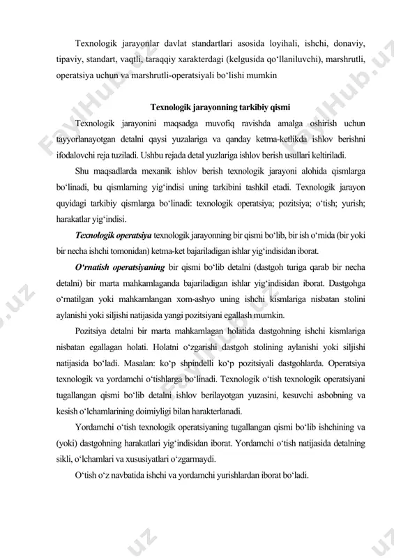 z navbatida ishchi va yordamchi yurishlardan iborat bo‘ladi. ishchi yurish texnologik o‘tishning tugallangan qismi bo‘lib kesuvchi asbobni, ishlov berilayotgan yuzani doimiy saqlagan holda detaldan ma’lum qatlamni kesib olish bilan bog‘liq bo‘ladi yordamchi yurish texnologik o‘tishning tugallangan qismi bo‘lib kesuvchi asbobni ishlov berilayotgan detalga nisbatan metalni kesib olmagan holda bir marta siljishidan iborat. bu o‘tish kesish jarayonini takroran amalga oshirish uchun kesuvchi asbobni kerakli holga qaytarish uchun zarur bo‘ladi. mashinasozlikda ishlab chiqarish turlari. ishlab chiqarishni tashkil qilish shakllari. ishlab chiqarish dasturiga, mahsulotni turiga va ishlab chiqarish jarayonini amalga oshirish texnik-iqtisodiy shart-sharoitlariga qarab mashinasozlikda uch xil ishlab chiqarish turi mavjud: donali (yakka); seriyali va yalpi. har bir ishlab chiqarish turining texnologik jarayonlari va ishlab chiqarishni tashkil qilishining shakllari o‘ziga xos xususiyatlariga ega. yuqoridagi tushunchalarni yanada yaqqol ifodalash maqsadida ishlab chiqarish dasturi bilan tanishib chiqamiz. mashinasozlik korxonasining ishlab chiqarish dasturi tayyorlangan mahsulotning turi, har-bir turdagi mahsulotning bir yilda tayyorlanadigan miqdori, ehtiyot qismlarning turlari …