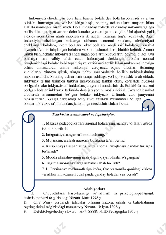 rning ozik- ovqat yoki xar turli zararli gazlar bilan zararlanishi, lat еyishi, ochlikda yurishi, xomiladan qutilishi uchun qilgan kеskin xarakatlari (abort) xomila bosh miyasining shikastlanishiga sabab bo’ladi. tashki muxitning ta'siri tufayli turli xil anomal rivoj topgan asab sistеmasi urganish va taxlil kilish bilan birga, nasliylikga boqlik bo’lgan bazibir ichki omillar (endokrin)ni xam chuqurrok urganish lozim. bu xusisida nasliylik xakida talimotlarda nasliylik alomatlarini o’zida saklab, avloddan avlodga utkazuvchi nuklеn kislotalarining axamiyatiga kata axamiyat bеrilmokda. (rnk, dnk – omillar) modda almashuvining nasliyligini xar tamonlama urganish va taxlil kilish xam kata axamiyatga ega bulagn fan soxasi bo’lib kolmokda. bu soxada olingan ma'lumotlar asab sistеmasi patologiyasi xususiyatlarini ilmiy asosda urganish imqoniyatlarini yaratdi. olimlardan d. s futеv, b. n. kolosovskiy va ularning izdoshlari chakaloklar va yosh bolalar asab sistеmalari patologiyasi ustida kup ilmiy izlanishlar olib bordilar. yosh bolalarda matorika, nutk va psixik bo’zilishlarga sabab bo’ladigan omilllar katoriga ona va xomilaning qon tarkibi tugri kеlmasligi (rеzus-fakti) …