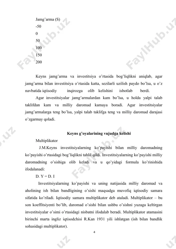 llaydi. j.m.keyns fikriga ko’ra, iqtisodiy jarayonlarning davlat tomonidan tartiblanishining samaradorligi davlat investitsiyalari yordamida vositalarni qidirishga, aholining to’la ish bilan bandligiga erishishga, foiz normasini pasaytirish va belgilashga bog’liq. boshqacha aytganda, j.m.keyns konsepsiyasi bo’yicha, ssuda foizi qancha past bo’lsa, investitsiyalarga bo’lgan qiziqish shuncha yuqori bo’ladi, bu o’z navbatida ish bilan bandlikni oshiradi, ishsizlikni tugatishga olib keladi. 20 asrning ikkinchi yarmida j.m.keyns nazariyasi asosida yangi keynschilik shakllandi. 50-yillarda keynschilik g’oyalari rivojlantirilib, yangi g’oyalar ilgar surildi. ularning asosiy mohiyati iqtisodiy o’sish sur‘atlari doimligini ta‘minlovchi mexanizmlarni aniqpash va isbotlashdan iboratdir. oqibatda «multiplika-tor-akselerator» tizimini hisoblashga asoslangan va o’ziga xos keynschilikning o’sish nazariyalari, jamg’arish qamda iste‘mol o’rtasidagi o’zoro bog’lanish harakteristikalaridan foydala-nib iqtisodiy dinamikani modellashtirish yuzaga keldi. uning ancha ko’zga ko’ringan vakillari amerikalik e.xansen (1887-1975), p.samuelson (1915), yevsey domar (1914), s.harris (1897-1974), r.solou (1924), ingliz robert harrod (1900-1978)lar hisoblanadi. yangi keynschilikning asosiy tadqiqot ob‘ekti makroiqtisodiy miqdorlarning (yalpi talab, yalpi taklif, jamg’arma) o’zaro ta‘siri hisoblanadi. ular iqtisodiy o’sish nazariyasini …