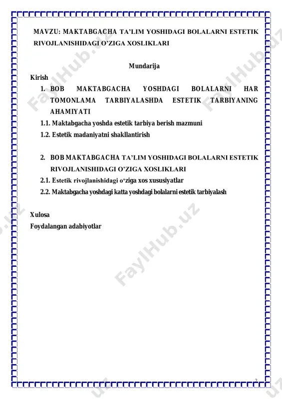 kiston respublikasida maktabgacha ta’lim to‘g‘risida”gi nizomga muvofiq bola maktabgacha ta’limni oilada, maktabgacha ta’lim muassasalarida oladi. mtmda ta’lim-tarbiyani tarbiyachi-pedagoglar amalga oshiradi. tarbiyachi- pedagoglar o‘z faoliyatlarida maktabgacha ta’lim yoshidagi bolalarni har tomonlama kamol toptirish yo‘lida amaliy harakatlarni tashkil etish bilan birga ularning estetik tarbiyasiga alohida e’tibor qaratadi. o‘zbekiston respublikasining «ta’lim to‘g‘risida»gi qonuni, o‘zbekiston respublikasi prezidentining 2016 yil 29 dekabrdagi pq-2707-son «2017 — 2021 yillarda maktabgacha ta’lim tizimini yanada takomillashtirish chora-tadbirlari 4 to‘g‘risida»gi qarori hamda vazirlar mahkamasining 2004 yil 5 avgustdagi 372-son «o‘zbekiston respublikasi xalq ta’limi vazirligi faoliyatini takomillashtirish to‘g‘risida»gi qaroriga asosan maktabgacha yoshdagi bolalarni maktabgacha ta’lim muassasalarida har tomonlama rivojlantirish, ta’lim-tarbiya berish, ko‘nikma va malakalarini shakllantirish hamda maktab ta’limiga tayyorlash bo‘yicha davlat talablarini belgilaydi. davlat talablari vazifalari etib quyidagilar hisoblanadi: bolalarni maktabda o‘qishga tayyorlash; bolalarning sog‘lom va har tomonlama kamol topib shakllanishini ta’minlash hamda unda o‘qishga intilish hissini uyg‘otish; bolalarning har tomonlama rivojlanishi uchun integral ta’limni tashkil etish; shaxsga yo‘naltirilgan ta’lim-tarbiyani amalga …