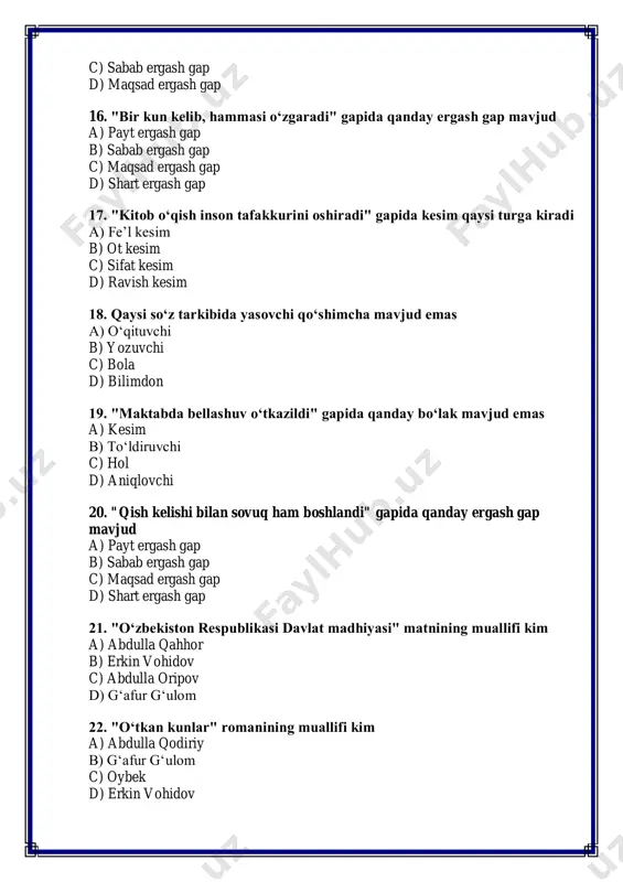 o‘qituvchi c) yashil gilam d) yangi mashina 4. "qo‘rqoq odam hech narsaga erisha olmaydi" gapida qanday bo‘lak mavjud emas a) ega b) to‘ldiruvchi c) kesim d) hol 5. qaysi birikma termin birikma hisoblanadi a) bosh miya b) qizil g‘isht c) yangi bino d) quyuq soya 6. "erta kelgan qush don oladi" gapida qanday ergash gap mavjud a) payt ergash gap b) shart ergash gap c) sabab ergash gap d) maqsad ergash gap 7. qaysi so‘z tarkibida bo‘lishsizlik qo‘shimchasi mavjud a) nohaq b) ko‘k c) xursand d) yorqin 8. qaysi birikma frazeologik hisoblanadi a) qora ko‘z b) qo‘l qo‘shdi c) ishonchli do‘st d) katta bino 9. "sog‘lom fikr" birikmasi qanday so‘z birikmasi turiga kiradi a) erkin birikma b) frazeologik birikma c) termin birikma d) omonim birikma 10. "o‘zbek tilining tarixiy shakllari" faniga oid atamalar qaysi qatorga tegishli a) terminologik b) frazeologik c) omonim d) arxaik 11. qaysi so‘z o‘zbek tilida eng …