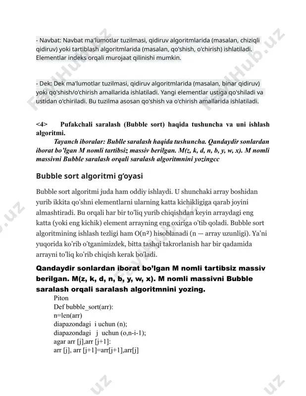 li massivni bubble saralash orqali saralash algoritmnini yozing. piton def bubble_sort(arr): n=len(arr) diapazondagi i uchun (n); diapazondagi j uchun (o,n-i-1); agar arr [j],arr [j+1]: arr [j], arr [j+1]=arr[j+1],arr[j] m=[z,k,d,n,b,y,w,x]# berilgan m massivingiz bubble_sort(m) print (“ tartiblan_mmassivi:”,m). bubble saralashning yahshi va yomon tomonlarini yozing algoritm murakkabligi bubble sort algoritmining ishlash tezligi ham o(n²) hisoblanadi (n — array uzunligi). ya’ni yuqorida ko’rib o’tganimizdek, bitta tashqi takrorlanish har bir qadamida arrayni to’liq ko’rib chiqish kerak bo’ladi. merosxo’rlik tushunchasi va uning turlari. polimorfizm. tayanch iboralar: merosxo‘rlikning umumiy xarakteristikasi. merosxo‘rlik turlari. polimorfizm. merosxo‘rlikning umumiy xarakteristikas merosxo‘rlik – oyd asosiy printsiplaridan biri. bunda, sinf boshqa sinflarning o‘zgaruvchilari va metodlaridan o‘zining o‘zgaruvchisi va metodi sifatida foydalanishi mumkin. • merosxo‘rlik euda qulay, chunki dasturlash jarayonini ancha tezlashtirish uchun dastur kodini tuzish va undan qayta foydalanish imkonini beradi. biroq, merosdan ehtiyotkorlik bilan foydalanish kerak, chunki supersinfdagi ko'pgina o'zgarishlar barcha subsinflarga ta'sir qiladi, bu esa kutilmagan oqibatlarga olib kelishi mumkin …