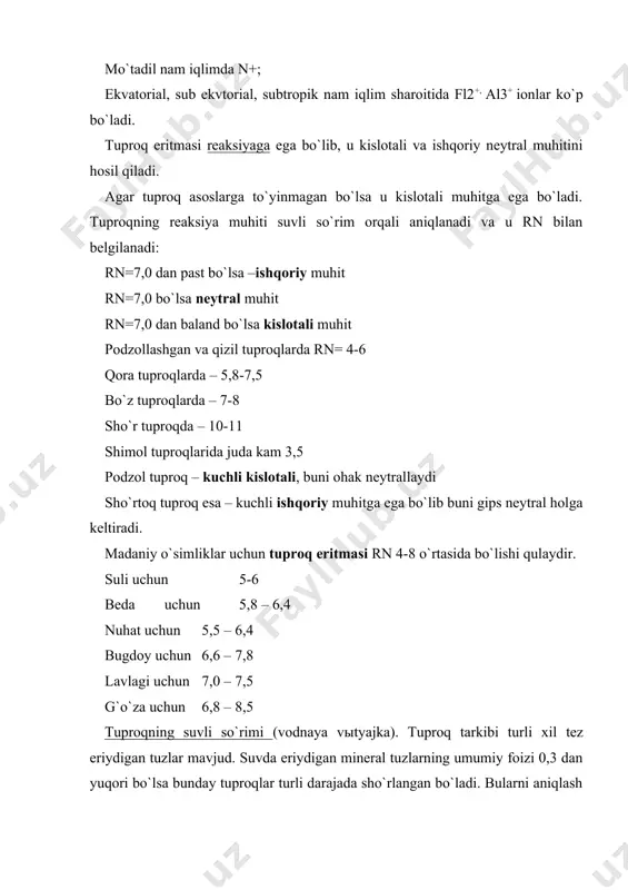 .tyurin, m.m.kanonova va v.v. ponomaryovalar bu borada, o`z tadqiqot ishlari natijalaridan kelib chiqib, tuproqning organik qismi – gumus kislotalari va mineral moddalarning organomineral kompleksidan iborat ekanligini aytadilar. tuproqdagi organik moddalar 2 qismga: 1) o`simlik va hayvon qoldiqlari oqsil moddalar (proteinlar), yog`, mum, oshlovchi moddalar bo`lib. bular tuproq tarkibidagi organik moddalarning 15% ni tashkil qiladi. 2) chirindi moddalar - tuproqdagi organik moddalarining 80-90% ni tashkil qiladi. bularga: fulvokislotalar – suvda eriydi, quruq holda qo`ng`ir – sarg`ish rangda bo`ladi. gumin kislotalari – suvda erimaydi, qo`ngir va qora rangda bo`ladi. gumin – birorta eritmada erimaydi. u tuproqning mineral qismi bilan birikkan bo`ladi. chirindi (gumus) tuproqni kul va azotga boyitadi. u qanchalik tuproq tarkibida ko`p bo`lsa, mikroorganizmlar shunchalik ko`p yashaydi va ozuqa elementlari ko`p to`planadi. tuproqdagi gumus miqdori: o`tloq qora tuproqlarda – 600-1000 t/ga, keng bargli o`rmon tuproqlarida 300 t/ga, taygada 100 tga, tundrada 70 t/ga atrofida bo`ladi. o`simlik to`shagi tundra va taygada 40-50 …