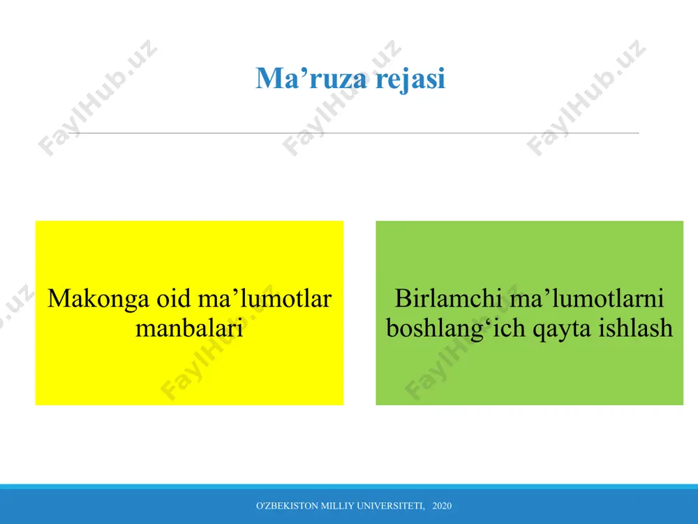a olish ma’lumotlari; erni masofadan turib zondlash materiallari; geomakonga oid asos sifatidagi (bazaga oid) ma’lumotlar to‘plamlari; makonga oid raqamli ma’lumotlar bo‘yicha internet tarmog‘i manbalari; umumiy geografik va mavzularga oid xaritalar; er qurilishi sohasiga tegishli xujjatlar; shahar qurilishi sohasiga tegishli xujjatlar; topografik xaritalar topografik xarita - bu er yuzasining umumlashtirilgan va kichiklashtirilgan tasviri bo‘lib, yagona matematik asoslar va rasmiylashtirishlar bo‘yicha tuzib chiqiladi, bunda joyning asosiy tabiiy va ijtimoiy-iqtisodiy ob’ektlarining joylashish o‘rni va xossalari aks ettiriladi. an’anaviy usulda, qog‘oz shakli asosida yaratilgan topografik xaritalar va planlar analog modellar hisoblanadi. topografik xaritalar birlamchi ma’lumotlar hisoblanadi. raqamli topografik xaritalar raqamli topografik xaritalar quidagi usullar yordamida yaratiladi: analog topografik xaritalarni raqamli shaklga o‘tkazish; elektron taxeometrlar va global global tizim sifatida joylashish holatiga aniqlik kiritish maqsadida foydalaniluvchi qabul qilish qurilmalari yordamida amalga oshiriluvchi o‘lchashlar ma’lumotlari, topografik tasvirga olish ma’lumotlarini qayta ishlash asosida; erni masofadan turib zondlash materiallarini (aerofototasvirlar, kosmik tasvirlar) qayta ishlash asosida; kombinatsiya tavsifidagi uslublar …