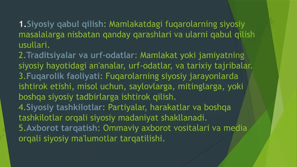 yatning yana bir manbai buyuk britaniyaning zoʻravon mintaqasidan kelgan va oʻzlari bilan kuchli individuallik tuygʻusini va qurol olib yurish huquqini qoʻllab-quvvatlagan shotland-irland amerikaliklarining kelishi edi. bu koʻchmanchilar jekson demokratiyasini qoʻllab-quvvatladilar, bu oʻz davrining oʻrnatilgan elitaga qarshi inqilob boʻlgan va uning qoldiqlarini hali ham zamonaviy amerikadir. uzbekiston o‘zbekistonning siyosiy madaniyati tarixiy, madaniy, va ijtimoiy jarayonlar bilan chambarchas bog‘liq. ushbu madaniyat o‘z ichiga davlat boshqaruvi, fuqarolik jamiyati, siyosiy partiyalar, va ijtimoiy harakatlarni o‘z ichiga oladi. tarixiy kontekst o‘zbekiston hududi qadimdan turli xil imperiyalar va davlatlar tarkibida bo‘lib kelgan. bu tarixiy davomiylik o‘zbekistonning siyosiy madaniyatini shakllantirib, global va mintaqaviy ta'sirlar, xalqning annasi va traditsiyalariga asoslangan ko‘plab o'ziga xos elementlarni kiritgan. image1.jpg image2.jpg image3.jpg image4.jpg image5.jpg image6.jpg /docprops/thumbnail.jpeg