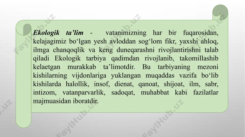 y maqsadlariga yordam berishni talab qiladi yosh avlodni milliy va umumbashariy qadriyatlar ruhida tarbiyalash. qadriyat insonning kundalik hayotida namoyon bo‘ladigan odamlar tomonidan qadrlanayotgan, inson uchun foydali ahamiyati katta, moddiy-iqtisodiy, ma’naviy-ma’rifiy, madaniy-mafkuraviy, siyosiy, diniy, milliy, ijtimoiy omillar yig‘indisidir. milliy qadriyatlar esa har bir xalqning o‘z tarixiy taraqqiyoti davomida yaratgan va yaratadigan barcha moddiy-ma’naviy boyliklari, urf-odatlari, marosimlari, bayramlari va boshqa o‘ziga xos tomonlari yig‘indisidan iboratdir ekologik madaniyatni shakllantirishga yo‘naltirilgan ta’lim-tarbiyani yangi sifat darajasiga ko‘tarish, nazariy fundamental tadqiqotlarni amaliy talablaridan ildamroq, rivojlantirishni taqozo qilinadi. hozirgi kunga kelib, moddiy ishlab chiqarish texnologiyasi madaniyatning asosiy ko‘rsatkichlarini ekologik yo‘nalish ishlari tashkil qiladi image2.png image4.jpeg image5.jpeg image6.jpeg image7.jpeg image8.jpeg image9.jpeg image10.png image1.png /docprops/thumbnail.jpeg