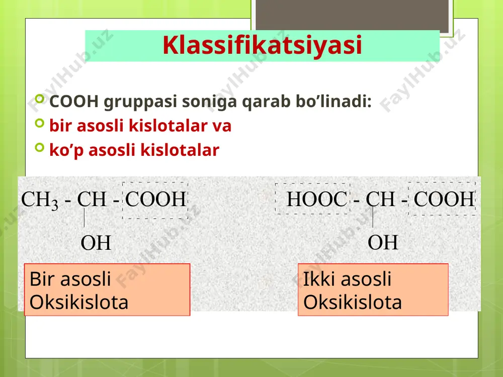 anday joylanganligiga (ya`ni a,v,u) bogliq. masalan: oksipropion kislotaning ikki xil izomeri mavjud: ch 2 - ch 2 - cooh -  oksi moy kislota ʜ oh ch 3 - ch - cooh  - oksi moy kislota. ʜ oh oksimoy kislotalarning uchta izomeri mavjud.(  ,  va  oksimoi kislota) h h   ch 3  ch 2  ch - cooh ch 3 –ch – ch 2 cooh   oh oh ch 2 oh – ch 2 – ch 2 cooh o ch 3 -ch-cooh+c 2 h 5 oh ch 2 -ch 2 -c-o-c 2 h 5 +h 2 o oh oh sut kislotaning etil efiri o ch 3 -ch-cooh ch 3 -ch--c oh o o +oh hooc-ch-ch 3 c -hc-ch 3 o laktid hoch 2 —ch 2 —cooh ch 2 =ch--cooh akril kislota 3.  - oksikarbon kislotalar osonlik bilan qizdirilsa xam sekin asta o’zidan …
