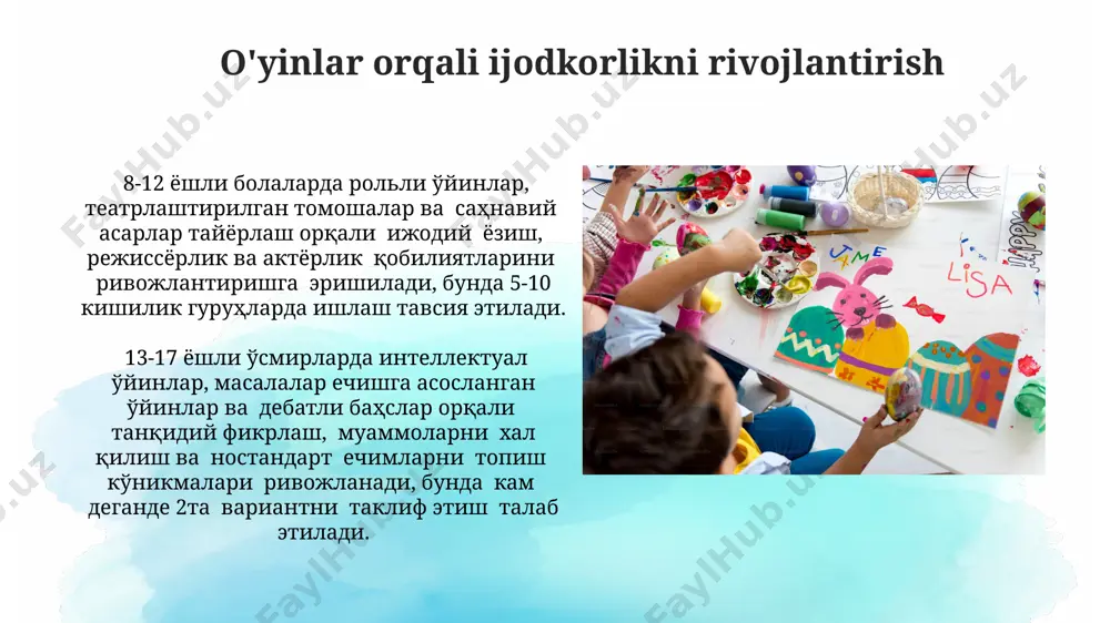 иши – бу сенсомотор ўйинлар орқали ўз-ўзини ифода этиш бўлиб, улар кунига ўртача 2-3 соат ўйнашлари ва 50 дан ортиқ турли хил ҳаракатларни бажаришлари мумкин. yosh guruhlariga mos ijodkorlikni rivojlantirish 5-7 ёшли болаларда ҳикоя тузиш, ролларни ўйнаш ва қўғирчоқ театрга қатнашиш орқали ижодий фикрлаш ва мулоқот кўникмаларини ривожлантиришга эътибор қаратиш лозим. бу 4-5 та ўйинчи билан ўтказилиши мумкин. 8-10 ёшли ўқувчиларда мураккаб қурилиш ўйинчоқлари, лего, мозаика ва ҳакозолардан фойдаланган ҳолда, фазовий тафаккур ва муаммоларни ечиш кўникмаларини ривожлантириш, бунда кам деганда 10 та турли элементлардан фойдаланиш тавсия этилади. 10-12 yoshdagi bolalarning ijodkorligi 10-12 ёшли болаларда абстракт фикрлаш ривожлана бошлайди, бу эса 20% гача оригинал, ностандарт ечимларни ишлаб чиқиш имкониятини беради, масалан, ноодатий расмлар яратиш ёки мураккаб сюжетли ҳикоялар тузиш орқали. бу ёшдаги болаларда мустақил лойиҳаларни амалга оширишга бўлган қизиқиш кучаяди, улар ўзларининг 5-7 та кичик мақсадларига эга бўлган режаларни тузишлари мумкин. 7-10 yoshdagi bolalarning ijodkorligi бу ёшдаги болалар 10-15 та турли …
