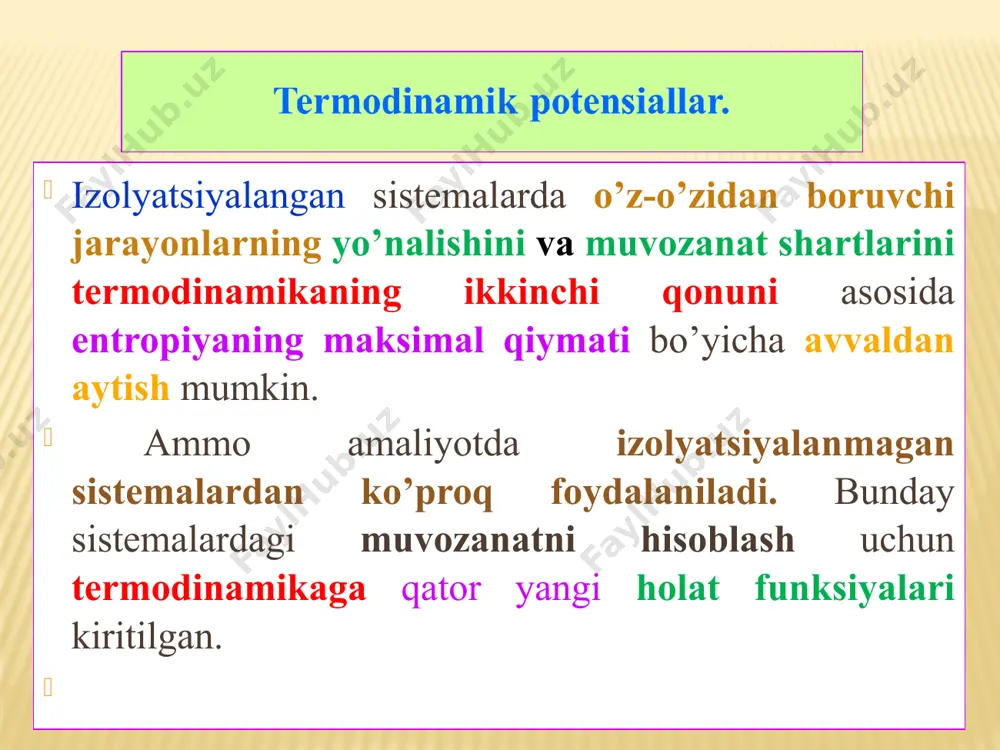 u - ts ular ham holat funktsiyalari bo’lgani uchun δg = δh - tδs δf = δu - tδs bu potentsiallar sistemaning ish qobiliyatini belgilaydi, ya’ni, energiyaning ishga aylangan qismini ko’rsatadi: - δg = ap - δf = av demak, o’z-o’zidan boruvchi qaytmas jarayonlarda gibbs va gelmgolts energiyalari kamayishi kuzatiladi. muvozanat xolatida sistema minimum gibbs (gelmgolts) energiyasiga ega bo’ladi. ya’ni, dgp, t=0 va dfv, t=0 yuqoridagi ifodalardan, gibbs energiyasi izobarik-izotermik jarayonlarda va gelmgolts energiyasi (izoxorik-izotermik jarayonlarda) jarayonlarning yo’nalishi va muvozanat shartlarini belgilovchi mezon bo’lib xizmat qilar ekan. gibbs funksiyasi - o`z-o`zicha boradigan jarayonlarda gibbs funksiyasining qiymati kamayadi, ya`ni, jarayon gibbs funksiyasining kamayishi tomon boradi. gibbs funksiyasi minimum qiymatga ega bo`lganda, muvozanat qaror topadi. termodinamik muvozanatning sharti quyidagicha: dg=0; dg > 0 gelmgols energiyasining tenglamasi qaytar jarayon uchun: izoxorik va qaytmas jarayonlar uchun: df 0 laboratoriyada tajribalarni bajarmasdan oldin δg ni hisoblab topishning katta foydasi tegishi mumkin! biz koʻpincha reaksiya maʼlum …