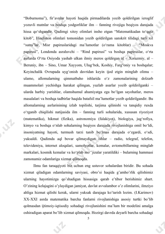 kelib chiqib amaliy ishlarni o’z sohalariga tadbiq qilmoqdalar. chunki differensial tenglamadan kelib chiqadigan amaliy ishlar matematika sohasida muhim ahamiyat kasb etmoqda. matematika esa hozirgi kunda har bir sohada oliy o’quv yurtlarida, sanoat va ishlab chiqarishda, bank va turli xil amalgam oshiriladigan ko’plab hisoblashlarda xizmat qilib kelmoqda. matematikaning qaysi sohasini olmang o’ziga xos tadbiqga ega. matematik analizdan va ushbu fanning tarkibiy qismi bo’lmish fur’e qatorini qo’llanilishi mavzusi matematika fanining eng muhim bo’limlaridan biri. shu bois ushbu predmetni talab darajasida o’zlashtirish va matematikaning boshqa sohalariga hamda xayotga tadbiq qilish katta ahamiyatga egadir. mazkur kurs ishi fur’e qatorlar, fur’e qatorining juft va toqligi, fur’e integrallarini topish usullariga bag‘ishlangan. tenglamalarning yechimlarini topish matematikaning, xususan, matematik analizda muhim, qiziqarli masalalaridan biridir. kurs ishining maqsadi: bu esa kelajagimizni yaqqol tasavvur etish, jamiyatimizning ijtimoiy-ma’naviy poydevorini mustahkamlash ehtiyojini tug‘diradi. demak, galdagi eng asosiy vazifa: yosh avlodni vatan ravnaqi, yurt tinchligi, xalq farovonligi kabi olijanob tuyg‘ular ruhida tarbiyalash, yuksak …