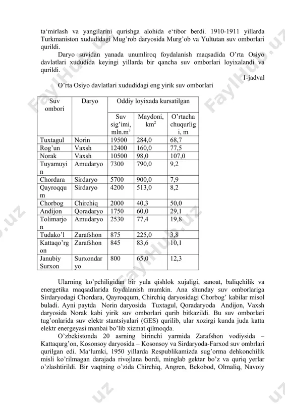3 50,0 andijon qoradaryo 1750 60,0 29,1 tolimarjon amudaryo 2530 77,4 19,8 tudako’l zarafshon 875 225,0 3,8 kattaqo’rgon zarafshon 845 83,6 10,1 janubiy surxon surxondaryo 800 65,0 12,3 ularning ko’pchiligidan bir yula qishlok xujaligi, sanoat, baliqchilik va energetika maqsadlarida foydalanish mumkin. ana shunday suv omborlariga sirdaryodagi chordara, qayroqqum, chirchiq daryosidagi chorbog’ kabilar misol buladi. ayni paytda norin daryosida tuxtagul, qoradaryoda andijon, vaxsh daryosida norak kabi yirik suv omborlari qurib bitkazildi. bu suv omborlari tug’onlarida suv elektr stantsiyalari (ges) qurilib, ular xozirgi kunda juda katta elektr energeyasi manbai bo’lib xizmat qilmoqda. o’zbekistonda 20 asrning birinchi yarmida zarafshon vodiysida – kattaqurg’on, kosonsoy daryosida – kosonsoy va sirdaryoda-farxod suv ombrlari qurilgan edi. ma‘lumki, 1950 yillarda respublikamizda sug’orma dehkonchilik misli ko’rilmagan darajada rivojlana bordi, minglab gektar bo’z va quriq yerlar o’zlashtirildi. bir vaqtning o’zida chirchiq, angren, bekobod, olmaliq, navoiy shaharlari kabi yirik – yirik sanoat markazlari bunyodga keldi. natijada suvga ehtiyoj ortib ketdi. shu …