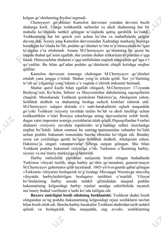 m.chernyayev qo’mondon etib tayinlandi. 1864-yil kuzida chimkent shahri egallanib, yangi qo’qon chizig’i asosida qo’lga kiritilgan qal’alar birlashtirildi. bu vaqtga kelib raim qal’asidan perovskiy fortigacha sirdaryo istehkom chizig’i, semipalatinskdan verniy shahrigacha sibir istehkom chizig’i vujudga keldi. toshkent bosib olinishining strategik ahamiyati: toshkent o’rta osiyoning siyosiy, iqtisodiy, yirik ma’muriy va savdo-sotiq markazlaridan biri hisoblangan. 19-asrning ikkinchi yarmida toshkent shahrining 12 ta, ya’ni labzak, taxtapul, qorasaroy, sag’bon, chig’atoy, ko’kcha, samarqand, kamolon, beshyog’och, qo’ymas, qo’qon, qoshg’ar darvozalari bo’lgan. har tomondan shaharga kirish uchun qurilgan bu darvozalar soqchilar tomonidan qo’riqlangan. shaharni mudofaa qilish uchun qurilgan devor ortida kaykovus arig’ining suvi bilan to’ldiriladigan xandaqlar bo’lgan. toshkent to’rtta beshyog’och, ko’kcha, sebzor va shayxontohur dahalariga bo’linib, har bir daha o’z oqsoqoli tomonidan boshqarilgan. 19-asr o’rtalarida shahar aholisi 80 mingga yaqin kishini tashkil qilgan. toshkent shahrining bosib olinishiga podsho hukumati jiddiy tayyorgarlik ko’rdi. chunki toshkentni egallash rossiya imperiyasining o’rta osiyodagi harbiy yurishlarini keng qamrovda va tayanch hududga ega bo’lgan …