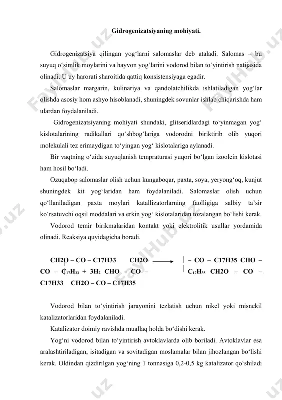 jarayon 180-250 0 s da 3-4 soat davom etadi. jarayonning oxiriga yetganligini aniqlashda salomasning suyuqlanish tempraturasi asos bo‘lib xizmat qiladi. gidrogenizatsiya jarayonida olinadigan salomasning nafaqat suyuqlanish haroratini, balki uning qattiqligini boshqarish imkoniyati ham mavjud bo‘ladi. kerakli xossaga ega bo‘lgan salomas tayyorlangandan keyin uni 120-140 0s gacha sovitiladi, katalizatorlardan xalos etish uchun filtrlanadi, 400s gacha sovitiladi va yog‘ saqlash xonalaridagi idishlarga joylanadi. yog‘larni uzluksiz gidrogenizatsiya qilish liniyalarida ham aynan shu texnologik rejimlarga amal qilinadi. ozuqabop salomaslarning o‘ziga xos begona ta’mlarsiz va hidlarsiz, rangi esa oqdan oq-sariq ranggacha hamma joyida bir xil bo‘lishi kerak. salomaslarda suv miqdori 0,2 % dan, nikel miqdori esa 1 kg mahsulotda 0,05 mg dan ortiq bo‘lmasligi kerak. o‘simlik moylaridan olingan salomaslarning kislota soni esa 3,5 mg kon dan ortiq bo‘lmasligi talab etiladi. shuningdek salomaslar uchun yana bir muhim ko‘rsatkich suyuqlanish tempraturasi hisoblanadi. o‘simlik moylaridan olingan yuqori qattiqlikdagi salomaslarning suyuqlanish tempraturasi 31-34 0 s ni, qattiqlikligi past bo‘lgan …