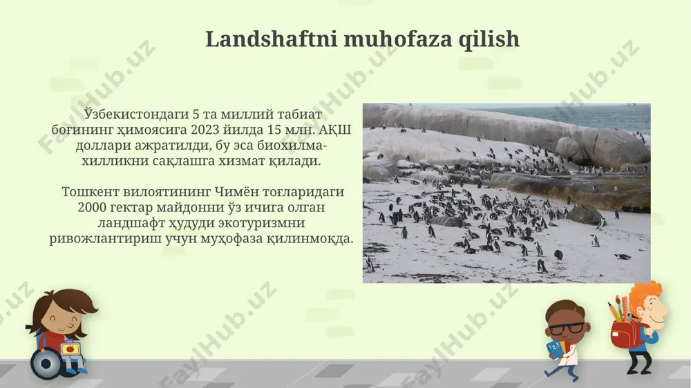 ʻona vodiysidagi landshaftlari, oʻzining noyob tabiiy goʻzalligi bilan 500 dan ziyod turli xil oʻsimlik turlarini va rang-barang relyeflarini aks ettirib, fotograflar uchun jozibador mavzu hisoblanadi. kompozitsiya va muvozanat toskana viloyatining tepaliklari manzarasida diagonal kompozitsiya texnikasi, 45 daraja burchak ostida joylashtirilgan elementlar orqali dinamik va jozibali muvozanatni ta’minlaydi. kompozitsiyaning “uchlik qoida”si (rule of thirds) landshaft fotosuratlarida, masalan, buyuk britaniyaning lake district milliy bog‘ining manzaralarida, 3 ta asosiy nuqtaga ob’ektlarni joylashtirish orqali muvozanatni ta’minlashda muhim rol o‘ynaydi. landshaftning asosiy elementlari landshaftning asosiy elementlari orasida 3 ta asosiy topografik shakllar: togʻlar (masalan, himoloy togʻlari, 8000 metrdan baland choʻqqilari bilan), tekisliklar (masalan, sibir tekisligi, millionlab gektar maydonni egallaydi) va vodiy (masalan, fargʻona vodiysining unumdor yerlari) muhim o'rin tutadi. landshaftni shakllantirishda 20 dan ortiq turdagi o'simliklar va hayvonot dunyosi muhim rol o'ynaydi. masalan, serengeti milliy bog'ining boy hayvonot dunyosi va savanna landshaftining o'ziga xosligi tufayli jahonga mashhurdir. e'tiboringiz uchun rahmat @taqdimot_robot image6.jpg image7.jpg image8.jpg image9.jpg …