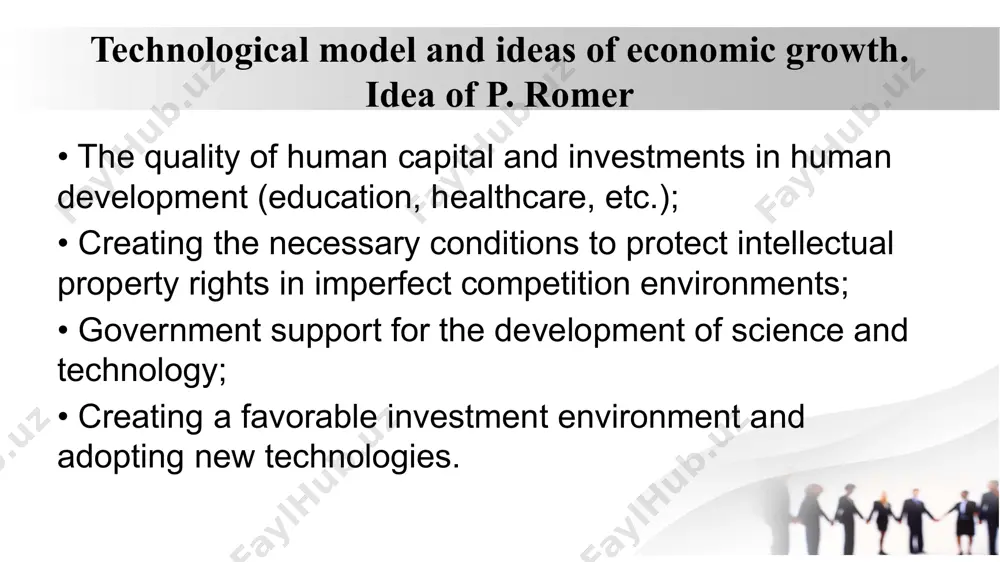 s directly linked to the rate of idea generation. if more researchers are employed in r&d or research productivity increases, economic growth accelerates. unlike traditional models where growth is assumed to be exogenous, the romer model shows that policies promoting innovation directly influence long-term growth. technological model and ideas of economic growth. idea of r. lucas according to r. lucas's theory, the accumulation of human capital is an active economic process that requires certain resources and involves opportunity costs. lucas suggests that individuals can choose one of two ways to utilize their time: either participate in current production or invest time in accumulating human capital. essentially, the way time is allocated between these two alternative paths determines the rate of economic growth. for example, reducing the time spent on producing goods may lower current output but accelerates human capital accumulation, which, in turn, increases production in the future. thus, the …