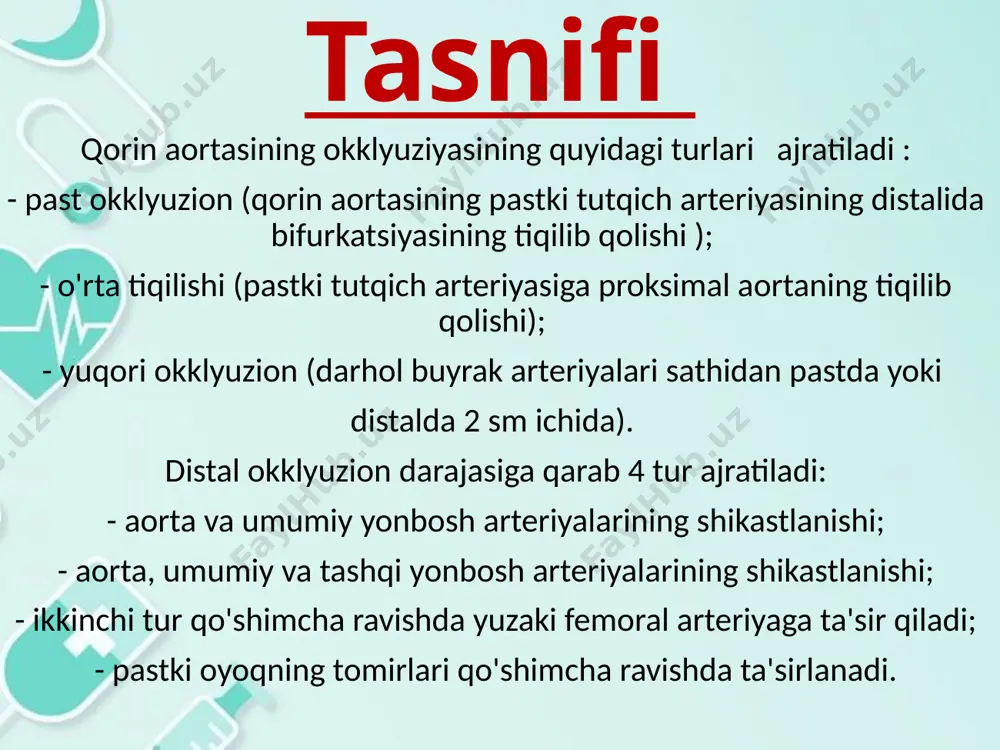 ar paydo bo'lishiga olib keladi. ushbu bosqichda pastki oyoq va oyoq mushaklarining atrofiyasi rivojlanadi. klinikasi to'rtinchi bosqich (destruktiv o'zgarishlar) oyoq va barmoqlardagi og'riq doimiy va chidab bo'lmas holga keladi. odatda ekstremitalarning distal qismlarida (oyoq, barmoqlar) joylashgan yomon shifobaxsh yaralar bilan tavsiflanadi. bu yaralarning chetlari va pastki qismi iflos kulrang qoplama bilan qoplangan, yaralar atrofida yallig'lanishli infiltratsiya (qizarish) mavjud. ta'sirlangan oyoq-qo'lning oyoq va pastki oyog'ining shishishi kuchayadi, bu oxir-oqibatda tibbiy yordam yo'qligida gangrenaga olib keladi. diagnostikasi tekshirishning instrumental usullari oyoqlardagi qon oqimi buzilishlari xarakterini aniqlashga imkon beradi. diagnostikasi ultratovush dopplerografiya reovazografiya pletizmografiya hajmli sfigmografiya punktsion polyarografiya yuqori informatsion kontrastli spiral kompyuter angiografiya translyumbal aortografiya ( rentgen kontrast aortografiya) magnit-rezonans kontrastli angiografiya diagnostikasi doppler effektida ishlayotgan ultratovush datchigi oyoq magistral arteriyalari o’tkazuvchanligini va arterial bosimni aniqlashga yordam beradi. yuqori informatsion invaziv boʻlmagan usul . diagnostikasi diagnostikasi reovazografiya - reograf apparati yordamida yuqori va pastki ekstremitalarda arterial va venoz qon oqimini o'rganish usuli. …