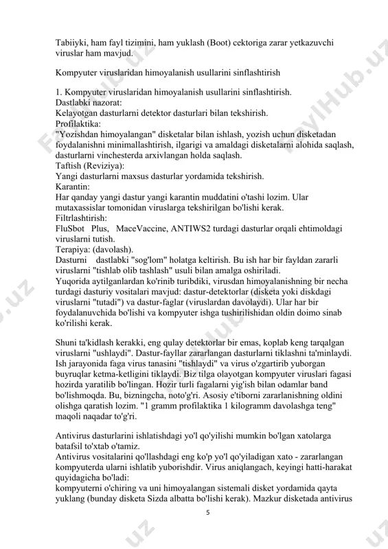 pyuterda ularni ishlatib yuborishdir. virus aniqlangach, keyingi hatti-harakat quyidagicha bo'ladi: kompyuterni o'chiring va uni himoyalangan sistemali disket yordamida qayta yuklang (bunday disketa sizda albatta bo'lishi kerak). mazkur disketada antivirus dasturlari joylashgan bo'lishi kerak. antivirus dasturini ishga tushiring. zararlangan operasion sistemalarda amallarni bajarish va dasturlarni ishga tushirish qo'pol xato va misli ko'rilmagan yo'qotishlarga sabab bo'ladi. jumladan, bunda hali zararlanmagan dasturlar ham talofat ko'rishi mumkin. masalan, sizning kompyuteringiz rce-1800 virusi bilan zararlangan bo'lsin. mazkur virusga mo'ljallanmagan faga dasturni extiyotsizlik bilan ishlatish qolgan yuklovchi modullarni ham ishdan chiqaradi.yana ko'p uchraydigan xatolardan biri antivirus vositalarini haddan tashqari ishonish. garchand, bunday dasturlarni juda yuqori darajadagi dasturchilar yaratsalar-da, ular har doim ham ishonchli emas. 1http://kasbimaymanoqkxk.narod.ru/maruzamatn.html har qanday dastur kabi, ular ham xatolardan holi emas. bu detektorlarga ham, fagalarga ham taaluqli. shu yerda biz ta'kidlashimiz lozimki, biz faga deb atalayotgan dasturlar aslida "detektor-faga"ning o'zi. shuning uchun ularning ishida viruslarni aniqlashda ham, ularni davolashda ham xatolar bo'lishi mumkin. …