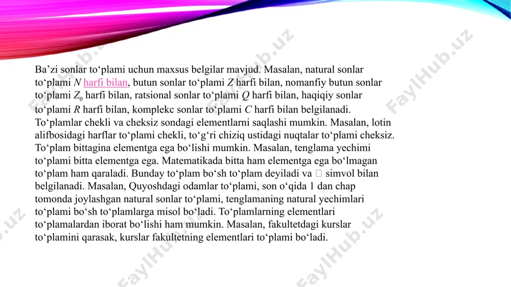 qanday to'plamning kichik to'plamidir. to'plam turlari: diskret to'plamlar (uzluksiz) - alohida elementlarga ega. hisob-kitob orqali tan olinadi. uzluksiz to'plamlar - alohida elementlar yo'q. o'lchov bilan tanilgan. sonli to'plamlar - sonli sonli elementlardan iborat bo'lib, unda to'plamning barcha elementlarini hisoblash mumkin. cheksiz to'plamlar - to'plamning barcha elementlarini hisoblash imkonsiz bo'lganda. buyurtma qilingan to'plamlar. to'plamdagi element boshqasidan oldin yoki keyin keladi. natural qatorga joylashtirilgan natural sonlar to'plami. tartibsiz to'plamlar. har qanday tartibsiz to'plamga buyurtma berish mumkin. to'plamlarni aniqlash usullari elementlarni sanab (sonli to'plamlar uchun mos). to'plamning xarakterli xususiyatini ko'rsating, ya'ni. berilgan to'plamning barcha elementlariga ega bo'lgan xususiyat. rasmdan foydalanish: nurda grafik sifatida eyler doiralaridan foydalanish. bu asosan to'plamlarda harakatlarni bajarishda yoki ularning munosabatlarini namoyish etishda qo'llaniladi. ichki to'plam agar b to'plamining biron bir elementi a to'plamiga tegishli bo'lsa, unda b to'plami a to'plamining kichik to'plami deb ataladi - kiritish belgisi. b a yozuvi b to`plam a to`plamning kichik qismi ekanligini anglatadi. ichki …