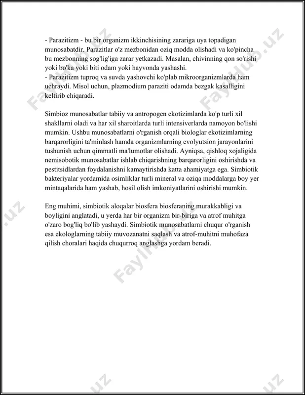 y ta'sir: qishloq xojaligida, hayvonchilikda va sogliqni saqlash sohasida parazitlar katta miqdorda iqtisodiy zarar keltiradi. parazitlar sabab bo'lgan kasalliklar, masalan, malyariya, har yili millionlab insonlarning hayotiga zomin bo'ladi. 6. tibbiyot va soglik saqlash: parazitar kasalliklar butun dunyoda keng tarqalgan. masalan, malyariya har yili taxminan 200 million kishi tomonidan yuqadi va o'lim soni 400,000 dan oshishi mumkin. shuningdek, ushqurish (ascariasis) kasalligi ham juda tarqalgan bolib, dunyodagi bolalarning tahminan uchdan bir qismi undan aziyat chekadi. 7. parazitlarni nazorat qilish: parazitlarni boshqarish uchun turli xil usullar qollaniladi, masalan: - dori vositalari: anti-parazitar dorilar, masalan, antihelmintiklar va antimalariallar. - profilaktika va gigiyena: yuqishning oldini olish uchun sanitariya va gigiyenik choralar qabul qilinadi. - vaksinalar: ba'zi parazitlar uchun yangi vaksinalar rivojlantirilmoqda. 8. parazitlarning evolutsion ahmiyati: parazitizm evolyutsion jarayonlarga ham ta'sir qiladi. parazit va xost o'rtasidagi qo'shma evolyutsiya jarayoni doimiy adaptiv o'zgarishlarga sabab boladi. bu parazit va xostning genetik xilma-xilligini oshiradi va uzoq muddatda turlarning moslashuvchanligini …