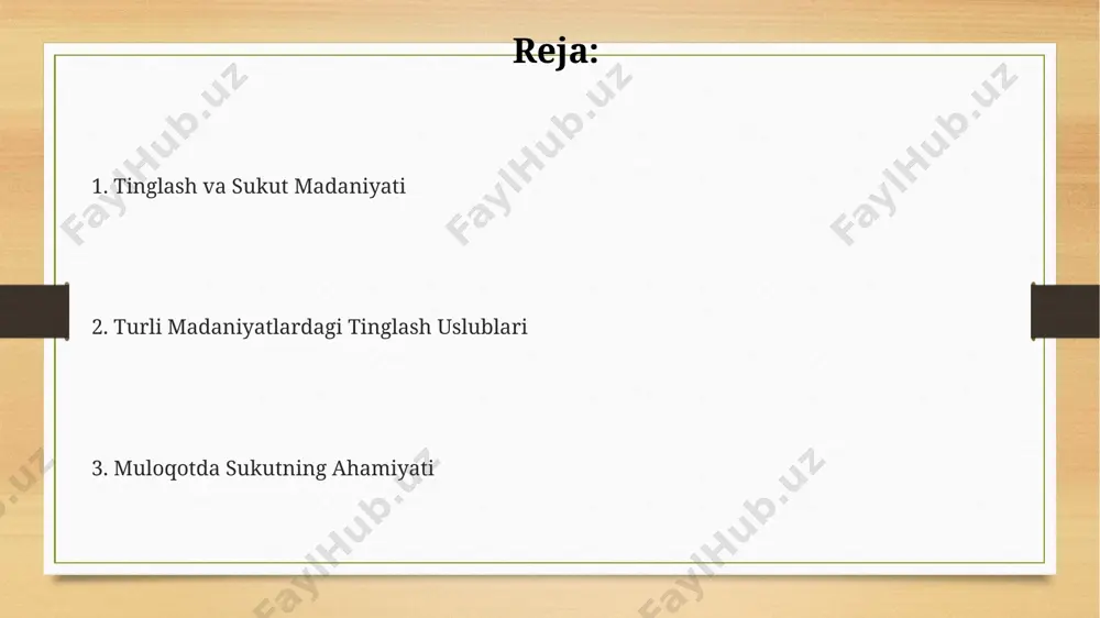 radi. sukut, ayniqsa, 3 dan ortiq kishilik muloqotlarda, har bir ishtirokchining fikrlarini to'liq ifoda etish va muloqotning o'zaro hurmatga asoslanganligini ta'minlashda muhim ahamiyat kasb etadi. o'zbek madaniyatida sukut, ba'zan, norasmiy muloqotlarda 10-15 soniya davom etadigan fikrlash pauzalari sifatida qabul qilinadi va bu o'ychanlik va hurmat belgisi hisoblanadi. samarali muloqot uchun tinglash va sukut muvaffaqiyatli muloqotda kamida 3 turdagi tinglash (passiv, faol va empatik) mavjud bo'lib, har bir turi o'ziga xos sukut momentlarini talab qiladi; masalan, empatik tinglash chuqur fikrlash va javobni shakllantirish uchun ko'proq sukutni nazarda tutadi. samarali muloqotda 60% ga yaqini tinglashga, 40% esa fikr bildirishga to'g'ri keladi, shuning uchun sukut muloqotning ajralmas qismidir va fikrlarni tartibga solishga yordam beradi. suhbatdoshning nutq tezligi, pauzalar va intonatsiyasi kabi nonverbal signallarni kuzatish samarali tinglashning muhim tarkibiy qismidir; sukut esa bu signallarni tahlil qilish va tushunish uchun vaqt beradi. madaniy farqlar va tinglash uslublari ba'zi madaniyatlarda, masalan, yaponiyada, jim turish hurmat va …