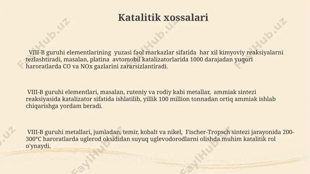 ellarda qo'llaniladi. platina guruhi metallari (ruteniy, rodiy, palladiy, osmiy, iridiy va platina) yuqori haroratlarda ham kimyoviy inertlikka ega bo'lib, 1500°c dan yuqori haroratlarda ishlatiladigan maxsus uskunalar va asboblar ishlab chiqarishda qo'llaniladi. kimyoviy xossalari viii-b guruhi elementlari magnit xossalarini namoyon qilishi mumkin, masalan, temir, kobalt va nikel ferromagnetik xossalarga ega bo'lib, kuchli magnit maydonlarini hosil qila oladi. ushbu metallarning ko'pchiligi yuqori erish va qaynash haroratlariga ega, masalan, temirning erish harorati 1538 °c ni tashkil etadi, bu ularning kuchli metall bog'lanishlarini ko'rsatadi. viii-b guruhi elementlari o'zgaruvchan oksidlanish darajalariga ega bo'lib, +2, +3, +4, +6 kabi darajalarni namoyon qiladi, bu ularning murakkab kimyoviy xossalarini belgilaydi. e'tiboringiz uchun rahmat @taqdimot_robot