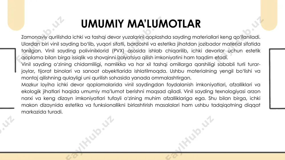 akllantirish) aralashtirilgan material ekstruder deb ataluvchi uskunaga yuboriladi. bu bosqich quyidagilardan iborat: qizdirish – material 160–200°c haroratda eritiladi. shakllantirish – eritilgan massa maxsus qolipdan (matritsa) o‘tkaziladi va vinil saydingning profili shakllanadi. sovutish – shakllangan mahsulot sovitish kanali orqali harorati tushiriladi va mustahkamlanadi. 3. kesish va shakl berish sovutish bosqichidan o‘tgan vinil sayding quyidagi jarayonlardan o‘tadi: kesish – kerakli uzunlikka avtomatik ravishda kesiladi (odatda 3–6 metr). qirralarni tekislash – silliqlash ishlari olib boriladi. maxsus teshiklar – o‘rnatish uchun maxsus teshiklar va tirqishlar ochiladi. asosiy xossalar 1. fizik-mexanik xossalar 🔹 yuqori mustahkamlik – mexanik ta’sirlarga chidamli bo‘lishi lozim. 🔹 elastiklik – egilishga bardoshli va sinuvchan emas. 🔹 yorilishga qarshilik – harorat o‘zgarishlarida yoriqlar paydo bo‘lmasligi kerak. 🔹 engillik – yog‘och yoki metall panellarga nisbatan yengil bo‘lib, oson o‘rnatiladi. 2. kimyoviy xossalar 🔹 namlikka chidamlilik – vinil sayding suv va bug‘ ta’siridan shishmaydi va buzilmaydi. 🔹 zangga qarshilik – tarkibida metall bo‘lmagani uchun …