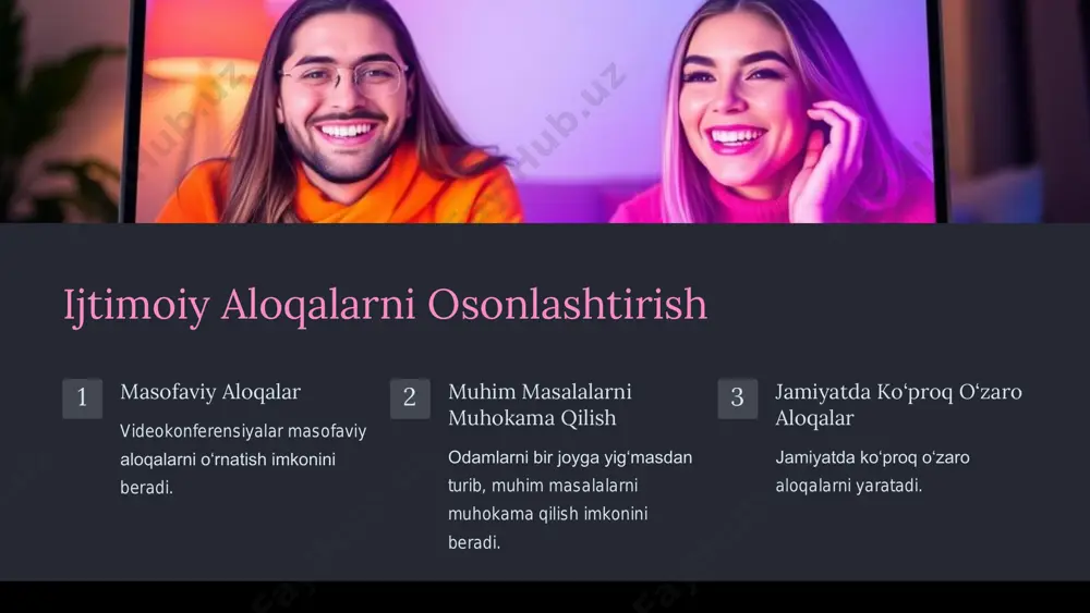 e-with-gamma https://gamma.app/?utm_source=made-with-gamma madaniy va til almashinuvi madaniyatlararo muloqotlar madaniy va til farqlarini kamaytirish imkoniyatini beradi. bir-birlarini ko‘rish odamlar turli xil joylardan bir- birlarini ko‘rish va ular bilan bevosita muloqot qilish imkoniyatiga ega. https://gamma.app/?utm_source=made-with-gamma https://gamma.app/?utm_source=made-with-gamma jamiyatdagi insonlar o‘rtasidagi masofaning qisqarishi jismoniy masofani qisqartiradi jamiyatlar o‘rtasidagi yaqinlikni oshiradi. hissiy aloqalarni mustahkamlaydi odamlar o‘rtasidagi hissiy aloqalarni mustahkamlaydi. pandemiya davrida pandemiya davrida insonlar orasidagi jismoniy masofani saqlash zaruriyati tufayli muhim ahamiyatga ega bo‘ldi. https://gamma.app/?utm_source=made-with-gamma https://gamma.app/?utm_source=made-with-gamma videokonferensiyaning ijobiy ta'siri ijtimoiy aloqalar osonlashtiradi va mustahkamlaydi. samaradorlik ish va ta'limda samaradorlikni oshiradi. global jamoalar global jamoalarni birlashtirishda katta rol o‘ynaydi. https://gamma.app/?utm_source=made-with-gamma https://gamma.app/?utm_source=made-with-gamma mas'uliyatli yondashuv 1 texnologik xavfsizlik texnologik xavfsizlikni ta'minlash zarur. 2 etika qoidalariga rioya qilish etika qoidalariga rioya qilish zarur. https://gamma.app/?utm_source=made-with-gamma https://gamma.app/?utm_source=made-with-gamma xulosa videokonferensiya texnologiyasi jamiyatning barcha jabhalariga ijobiy ta'sir qiladi. uning imkoniyatlaridan to‘g‘ri foydalanish jamiyatni yanada rivojlantirishga yordam beradi. https://gamma.app/?utm_source=made-with-gamma https://gamma.app/?utm_source=made-with-gamma