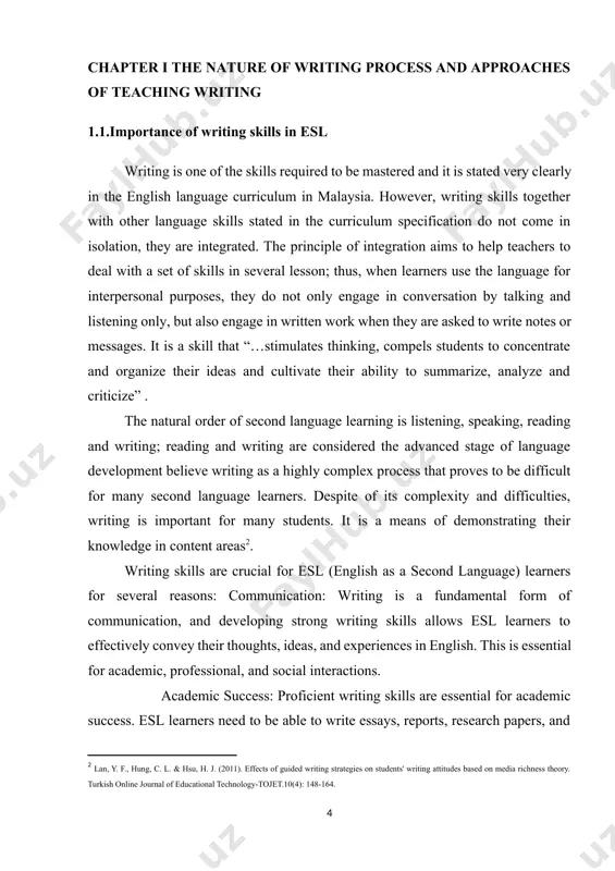 selves creatively and emotionally. it allows them to share their experiences, thoughts, and feelings in a meaningful way. teaching esl writing involves various strategies and approaches to help learners develop their skills. some effective methods include: process writing: this approach focuses on the multiple stages of writing, including prewriting, drafting, revising, editing, and publishing. it encourages esl learners to engage in brainstorming, organizing their ideas, and revising their work to improve clarity and coherence. writing workshops: providing opportunities for peer feedback and collaboration can be beneficial for esl learners. writing workshops allow students to share their work, receive constructive criticism, and learn from each other's writing styles. genre-based instruction: teaching different types of writing genres (such as narratives, descriptive essays, argumentative essays, etc.) helps esl learners understand the specific features and structures of each genre, enabling them to effectively produce various types of written texts. vocabulary and grammar instruction: integrating …