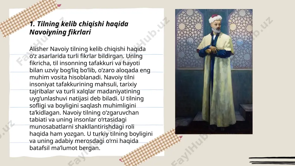 ng 40% dan ortig'i yo'qolish xavfi ostida. eng keng tarqalgan tillar qatoriga mandarin, ispan, ingliz, hind va arab tillari kiradi. ba'zi tillar, masalan, ingliz va frantsuz, mustamlakachilik davrida ko'plab mintaqalarga tarqalgan. yunesko ma'lumotlariga ko'ra, har ikki haftada bir til yo'q bo'lib ketmoqda. xalqlar tarixi esa bu tillarning rivojlanishi, tarqalishi va yo'qolishi bilan chambarchas bog‘liq. dunyoning turli burchaklariga tarqalgan migratsiyalar va imperiyalar turli tillarning tarqalishiga olib kelgan. navoiyning lingvistik qarashlari : til va tilning paydo bo‘lishi haqidagi qarashlari izomova dilnoza e'tiboringiz uchun raxmat! image1.png image2.png image3.png image4.jpg image5.png image6.png /docprops/thumbnail.jpeg