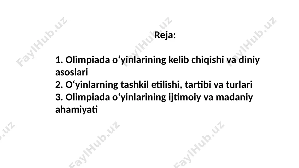 sadida tashkil etilgan. 9 muqaddas sulh va diniy marosimlar olimpiada o‘yinlari zevs xudosining qudratini ulug‘lash va unga shukronalik bildirishning bir shakli bo‘lib xizmat qilgan. o‘yinlar arafasida muqaddas sulh (ekecheiria) e’lon qilingan, bu vaqtda barcha yunon shahar-davlatlari harbiy harakatlarni to‘xtatgan. o‘yinlarning diniy xarakteri ularning tashkil etilishida qat’iy marosimiy qoidalar va urf-odatlarning mavjudligini ko‘rsatadi. ishtirokchilar va tomoshabinlar zevs butiga qurbonliklar keltirgan, ibodat qilgan va muqaddas qasamyod berganlar. g‘oliblar zevs haykali oldida tantanali ravishda taqdirlangan. 10 o‘yinlarning tashkil etilishi va tartibi qadimgi yunonistonda olimpiada o‘yinlari o‘zining qat’iy tashkiliy tizimi va diniy-marosimiy asoslari bilan ajralib turgan. ular har to‘rt yilda bir marta, yozning eng issiq faslida olimpiya shahrida o‘tkazilgan. o‘yinlarni tashkil etish elida shahar-davlat vakillaridan iborat hellanodiklar zimmasiga yuklangan. ular ishtirokchilarni saralash, musobaqalar tartibini tuzish, hakamlik qilish va jazo choralarini belgilash bilan shug‘ullangan. olimpiadada faqat erkin yunon erkaklari qatnashish huquqiga ega bo‘lgan. 1 hellanodiklar tanlovi o‘yinlar boshlanishidan bir yil avval tanlab olingan. 2 tayyorgarlik …