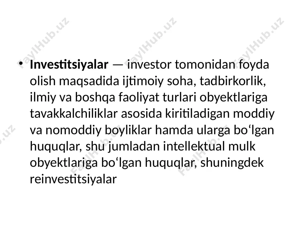 bda diversifikatsiyalashdir. bunda kapital egalarining investitsiya fondlari bilan hamkorlikda ishlashiga yetakchi tarmoq va sohalardagi aksiyadorlik kompaniyalari aksiyalarini mayda investorlarning sotib ololmasligi, investitsiya fondlari tomonidan risklarni hisobga olishga alohida eʼtibor qaratishi ham sabab boʻladi. shuni alohida qayd etish kerakki, investitsiya fondlari faoliyati fond bozorida operatsiyalarni amalga oshirish boʻyicha hech qanday tajribaga ega boʻlmagan kapital egalari uchun ham ahamiyatga ega. chunki ularning risklarni toʻgʻri baholay olmasligi natijasida moliyaviy yoʻqotishlar yuzaga kelishi mumkin. investitsiya fondi: faoliyatni litsenziya olmasdan amalga oshirishga; korporativ obligatsiyalar va infratuzilma obligatsiyalari, shuningdek imtiyozli aksiyalar chiqarishga; investitsiya fondi sof aktivlarining 10 foizidan ortigʻini bir emitentning qimmatli qogʻozlariga yoki masʼuliyati cheklangan jamiyatning ulushiga investitsiya qilishga; kafil boʻlishga, mol-mulkni yoki mulkiy huquqlarni garovga qoʻyishga; tashkiliy-huquqiy shakli oʻz ishtirokchilarining qoʻshimcha javobgarligini nazarda tutadigan xoʻjalik jamiyatlarining qimmatli qogʻozlariga va ulushlariga investitsiyalarni amalga oshirishga; ishonchli boshqaruvchi, auditorlik tashkilotlari tomonidan chiqarilgan qimmatli qogʻozlarga investitsiyalarni amalga oshirishga, shuningdek ularning ustav kapitalidagi ulushlarini olishga; boshqa investitsiya fondlarining aksiyalarini …
