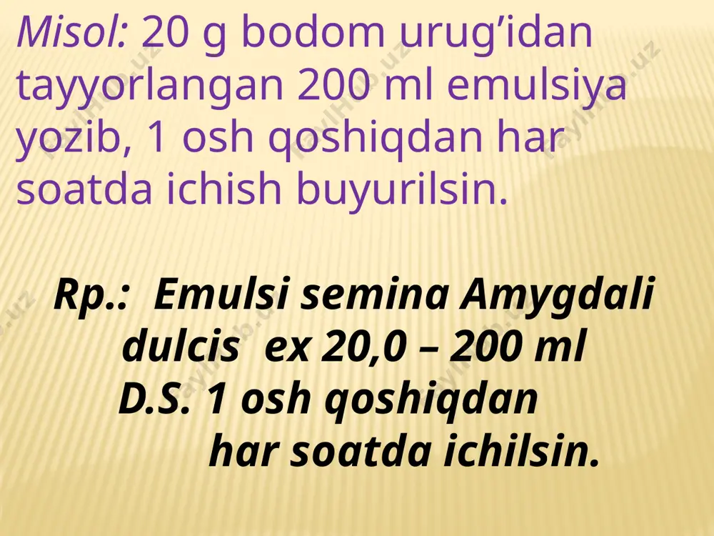 lar rangli suyuqlik bo’lib odatda 1:1 nisbatda tayyorlanadi. shuning uchun ham tindirmalarga nisbatan ta’sir etuvchi modda konsentrasiyasi ularda yuqori bo’ladi. suyuq ekstraktlar ofisinal bo’lib, bo’linmagan dori shakli hisoblanadi. ichish uchun tomchilarda beriladi. resept yozish usuli tindirmalarni yozishda bo’lganidek, extracti deb boshlanadi, so’ngra qaratqich kelishigida o’simlikning nomi va albatta ekstraktning turi (fluidi), so’ngra esa ekstraktning bemorga berilishi lozim bo’lgan miqdori ko’rsatiladi. agar suyuq ekstrakt bo’lsa, ml larda belgilanadi. so’ngra signaturada bir gal ichishi lozim bo’lgan tomchilar soni ko’rsatiladi. ikkinchi satr – d.s. va signatura. misol. itshumrutning 30 ml suyuq ekstraktiga resept yozib berilsin, 30 tomchidan ichish uchun buyurilsin. rp.: extracti frangulae fluidi 30 ml d.s. 30 tomchidan ichilsin. quyuq ekstraktlar quyushqoq (xamirsimon) massa bo’lib tarkibida namlik 25% dan ko’p bo’lmaydi. kuchli qovushqoqligi tufayli ular hap (pilyulya) tayyorlashda yoki korrigens sifatida qo’llanilishi, tabletka, kapsula yoki shamcha ko’rinishida chiqarilishi mumkin. quruq ekstraktlar reseptda: dori shaklining nomi qaratqich kelishigi birlik sonda bosh harflatrda (extracti), …