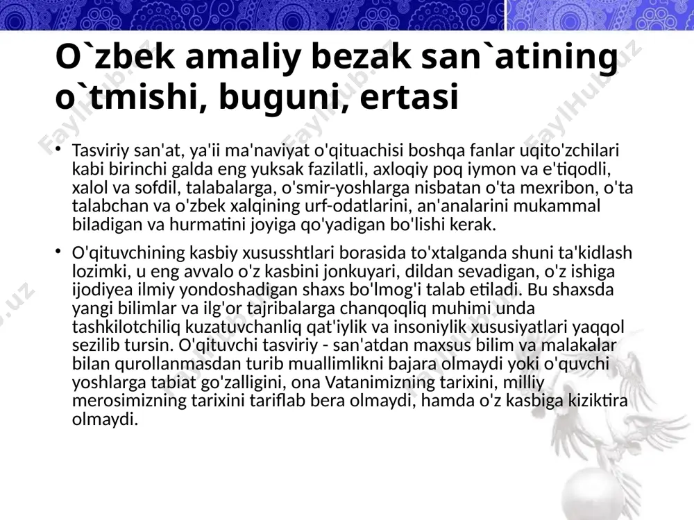 iqsak bu davrlardagi ganch о‘ymakorligi bir-biridan mutlaqo farq qiladi. qadimgi ganch о‘ymakorligi hajmiy bо‘lib, realistik tasvirlar asosida ishlangan. ularda kо‘pincha odamlar, hayvonlar, qushlar tasviri ishlatilgan. eramizning birinchi asrlaridayoq kishilar ganchni ajoyib xususiyatga ega ekanligini bilib, qal’alar, karvonsaroy va boshqa joylarni bezay boshlaganlar. bо‘lib о‘tgan janglar oqibatida ular vayronaga aylanib, faqat qoldiqlari saqlanib qolgan. naqsh — arabcha tasvir, gul degan ma’noni anglatadi. qush, hayvon, о‘silllik, geometrik va boshqa elementlarni ma’lum tartibda takror-lanishidan hosil qilingan bezakdir. ganchkorlik, kandakorlik, kashtadо‘zlikda, zar-dо‘zlik, kulolchilik, zargarlik, gilam tо‘qish, tо‘qimachilik, inkurustatsiya', panjaralar va hokazolarda har xil yо‘llar bilan naqshlar ishlanadi. yog‘och о‘ymakorligi ham o’zbek xalq amaliy bezak san’atining keng tarqalgan bir turi. bunda biror naqsh yoki tasvir taxta yoki yog‘och buyumlarga chizib, kesib, о‘yib, ishlanadi. amaliy san`at da bezak yaratishda naqsh bilan tasvi-riy san’at (haykaltaroshlik, rangtas-vir, ayrim hollarda grafika) qismlari (alohida yoki turlicha birikuvlari) keng qo‘llaniladi. ba’zan naqsh yoki tasvir bu-yumlarni shakllantiruvchi asosga aylana-di (panjara guli, to‘r; …