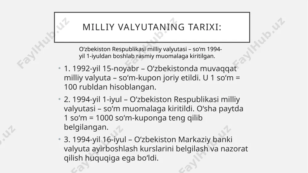 ashtirdi va soʻm bozor talablariga qarab almashinuv kursiga ega boʻldi. hozirgi vaqtda oʻzbekiston soʻmi elektron toʻlov tizimlarida keng qoʻllaniladi, shuningdek, oʻzbekiston markaziy banki kriptovalyutalar va raqamli valyutalar boʻyicha tadqiqotlar olib bormoqda. hozirgi kunda muomaladagi soʻm banknotalarida bir nechta xavfsizlik elementlari mavjud: suv belgisi – yorugʻlikka tutganda koʻrinadigan maxsus belgi. himoya ipi – banknota ichida koʻrinib turadigan yoki yashirin ip. mikroshriftlar – juda kichik yozuvlar, faqat kattalashtirgich orqali koʻrinadi. rang oʻzgartiruvchi bo‘yoqlar – banknotani qiyshaytirganda rangi oʻzgaradigan maxsus elementlar. soʻm tangalari va ularning tarixi dastlabki yillarda 1, 3, 5, 10, 25 va 50 tiyinlik hamda 1, 5, 10, 25 va 50 soʻmlik tangalar zarb qilingan. keyinchalik inflyatsiya sababli tiyinlar va kichik nominaldagi tangalar amaliyotdan chiqib ketdi. 2022-yil 15-iyulda markaziy bank 50, 100, 200 va 500 soʻmlik yangi tangalarni muomalaga kiritdi. soʻmning qadrsizlanishi va inflyatsiya soʻm o‘zining dastlabki joriy etilgan vaqtidan boshlab devalvatsiyaga uchradi. ayniqsa: 1996-1999-yillarda katta inflyatsiya kuzatildi. 2017-yilda valyuta erkinlashtirilgach, …