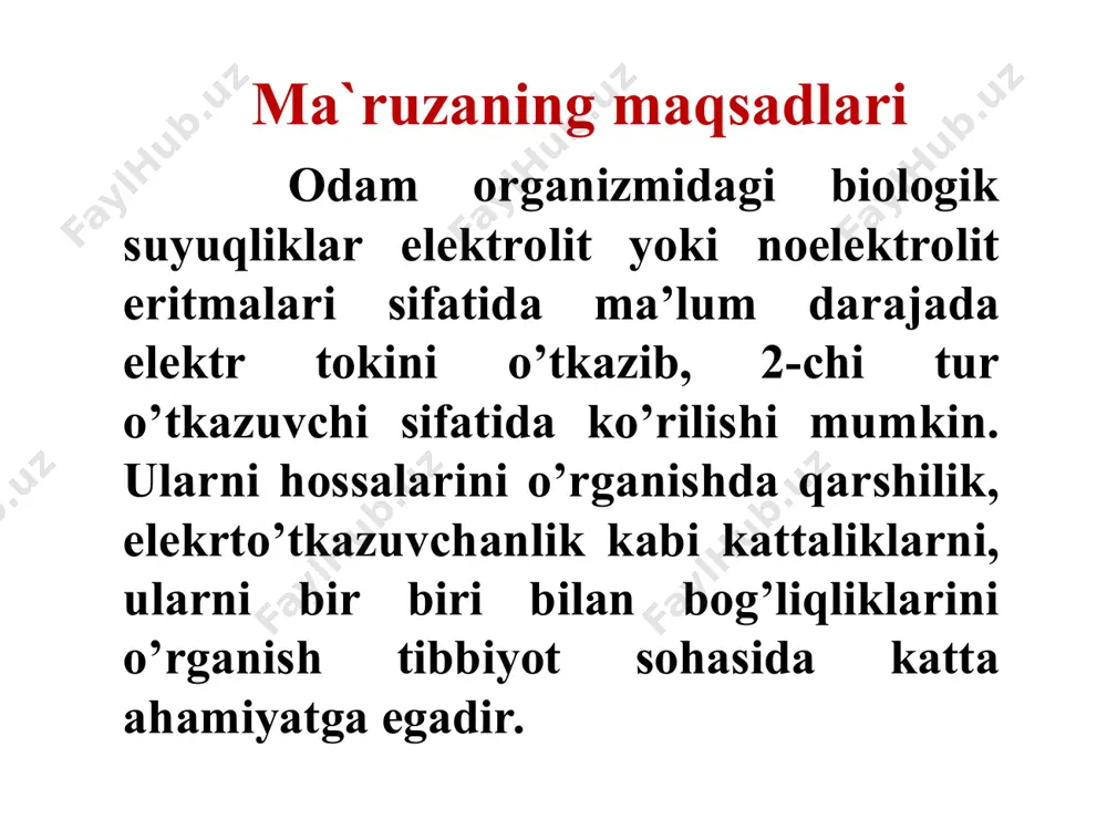 ki faqat elektronlar harakati tufayli vujudga keladi: metallar, metall qotishmalari, ko’mir, grafit va boshqalar. 2-chi tur o’tkazgichlar yoki elektrolitlarda elektr tokini o’tishi kimyoviy o’zgarishlar sodir etadi: tuz, kislota, asos eritmalari, metallarning eruvchan oksidlari qarshilik elektrolitlarning elektr tokini o’tkazish hossasi qarshilik yoki elektro’tkazuvchanlik deyiladi. o`tkazgichning qarshiligi deb uning uzunligiga to`g`ri proporsional, ko`ndalang kesim yuzasiga teskari proporsional bo`lgan kattalikka aytiladi: ; om bu yerda: r – qarshilik; l - o`tkazgichning uzunligi; s - o`tkazgichning ko`ndalang kesim yuzasi, ρ- solishtirma qarshilik elektrolit eritmalarining elektro’tkazuvchanligi solishtirma qarshilik deb uzunligi 1 sm? ko’ndalang kesim yuzasi 1 sm2 bo’lgan o’tkazgichning qarshiligiga aytiladi. qarshilikka teskari bo’lgan kattalik elektro’tkazuvchanlik deb nomlanadi: solishtirma qarshilikka teskari bo’lgan kattalik solishtirma elektro’tkazuvchanlik deb nomlanadi: elektrolit eritmalarining elektro`tkazuvchanligi elektrolit eritmalarining elektro`tkazuvchanligi va shunda solishtirma elektro’tkazuvchanlik formulasini hosil qilamiz: yoki: elektrolitik yacheyka o’zgarmasa, nisbat ham ozgarmaydi, y’ani va idish doimiysi deyiladi. shuning uchun solishtirma elektro’tkazuvchanlikni qarshilikni o’lchab va undan hisoblab topishimiz mumkin: molar elektro`kazuvchanlik …