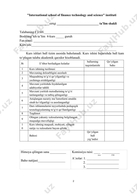 _________ 2. ____________________ 3. ____________________ mundarija kirish 4 i-bob. i bob. boshlang‘ich ta’limda matematika fanini o‘qitishda innovatsion texnologiyalarning nazariy asoslari 8 1.1. boshlang‘ich ta’limda matematikaning o‘rni va ahamiyati 8 1.2. harakatga doir masalalarning didaktik imkoniyatlari 12 1.3. innovatsion texnologiyalardan foydalanishning nazariy asoslari 16 ii-bob. 4-sinf matematika darslarida harakatga doir masalalarni yechishda innovatsion texnologiyalarni qo‘llash amaliyoti 21 2.1. 4-sinfda harakatga doir masalalarning o‘quvchi tafakkurini rivojlantirishdagi roli 21 2.2. harakatga doir masalalarni yechishda akt (multimedia, interaktiv metodlar)dan foydalanish 25 2.3. zamonaviy pedagogik texnologiyalar yordamida masalalarni yechishga doir metodik tavsiyalar 28 xulosa 33 foydalanilgan adabiyotlar ro‘yxati 35 kirish mavzuning dolzarbligi: zamonaviy ta’lim jarayonida boshlang‘ich sinflarda matematika o‘qitishning mazmuni va metodlarini takomillashtirish muhim masalalardan biri hisoblanadi. chunki boshlang‘ich bosqichda o‘quvchilar tafakkuri shakllana boshlaydi, ular tevarak atrofdagi hodisalarni tushunishga, hodisalar orasidagi bog‘liqlikni aniqlashga, umumlashtirish va xulosalashga o‘rganadi. ayniqsa, matematika fanining amaliy hayot bilan bog‘liq bo‘lgan bo‘limlari bolalarda qiziqish uyg‘otadi, ularning mustaqil fikrlashiga turtki beradi. shu …