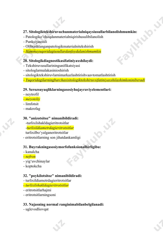 htyuvindisiko‘rinishidagisiydikqaysikasallikdauchraydi: pielonefrit o‘tkirglomerulonefrit · qandlidiabet · buyrakamiloidozi 52. leykotsitarchapgasiljishnima: · qondadegenerativo‘zgarganleykotsitlarningpaydobo‘lishi · buperiferikqondayoshleykotsitlarnipaydobo‘lishi (tayoqchayadrolilar, metamielotsitvamieloblastlarningko‘payishi) · - qondafaqattayoqchayadrolilarningsoninioshishi · qondafaqat segment yadrolileykotsitlarningpaydobo‘lishi 53. bachadonbo‘yinchasidaaksariyathollardauchraydigano‘sma: - adenokarsinoma · yassihujayralirak · sarkoma · shakllanmaganrak 54. mezoteliomaqaysito‘qimadanrivojlanadi: · nervto‘qimasi · epitelialto‘qima · biriktiruvchito‘qima · mushakto‘qimasi 55. bakterialvaginozasosanuchraydi: · o‘smirlarda · tug‘uriqyoshidagiayollarda · chaqaloqlarda · qariyalarda 56. xolestazbelgilari: · transferazalarfaolliginingoshishi · qondaxolesterinmiqdorinioshishi · protrombinindeksiningpasayishi · qondaumumiybilirubinmiqdoriningoshishi 57. laboratoriyalararosifatnazoratiimkoniyatberadi: · nazoratmateriallariniattestatsiyadano‘tkazish · bir nechalaboratoriyalarishsifatinitaqqoslash · tekshiruvuslubinistandartizatsiyaqilish · ishlatilayotganusullarsifatinibaholash 58. koagulogrammabu: · qonivishvaqtinio‘lchashusuli · gemostazturlizvenolarinixarakterlovchiusullarmajmui trombotsitlaragregatsiyasinianiqlashusuli trombotsitlarfaolliginio‘rganish 59. qonzardobidaplazmadanfarqliravishdauchramaydi: · albumin · fibrinogen · komplement · cro 60. oqsiltarkibiganechatabiiyaminokislotalarkiradi: · 400 · 20 · 600 · 27 61. organizmdaaminokislotalarningasosiymassasiishlatiladi: · dezaminirlashga · oqsilsinteziga · pereaminirlashga · rnk sinteziga 62. gamma-globulinlarkamayadi: · gastrit · oits · qizilo‘ngacho‘smasi · 12 barmoqliichakyarasida 63. kreatinin –bu: · oraliqreaksiyalarningkatalizatori · oqsilalmashinuviningoxirgimahsuloti · osmatikdiuretik · microelement 64. fermentlarkimyoviytuzilishibo‘yichaqaysiguruhgakiradi: - vitaminlar · oqsillar · mineralmoddalar · uglevod