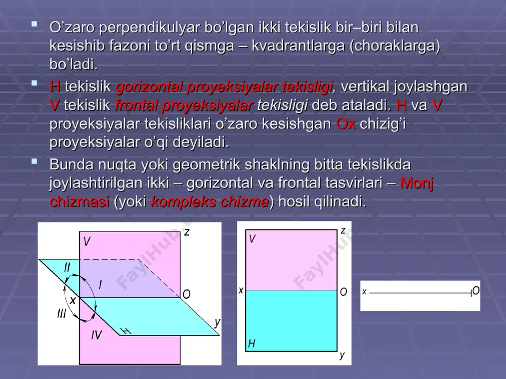 yalar o’qlarini tashkil qiluvchi ox – abssissalar o’qi, oy – ordinatalar o’qi va oz – applikatalar o’qi deb ataladi. birinchi oktantda joylashgan nuqtaning chizmasi ikkinchi oktantda joylashgan nuqtaning chizmasi har xil oktantlarda joylashgan nuqtaning koordinata o’qlari ishoralari. o’qlar oktantlar i ii iii iv v vi vii viii x + + + + - - - - y + - - + + - - + z + + - - + + - - 1–misol. a(50,30,60) nuqtaning berilgan koordinatalari bo’yicha uning fazoviy vaziyati va epyuri yasalsin. 2–misol. b(60, –40, 70) nuqtaning berilgan koordinatalari bo’yicha fazoviy vaziyati va epyuri yasalsin.